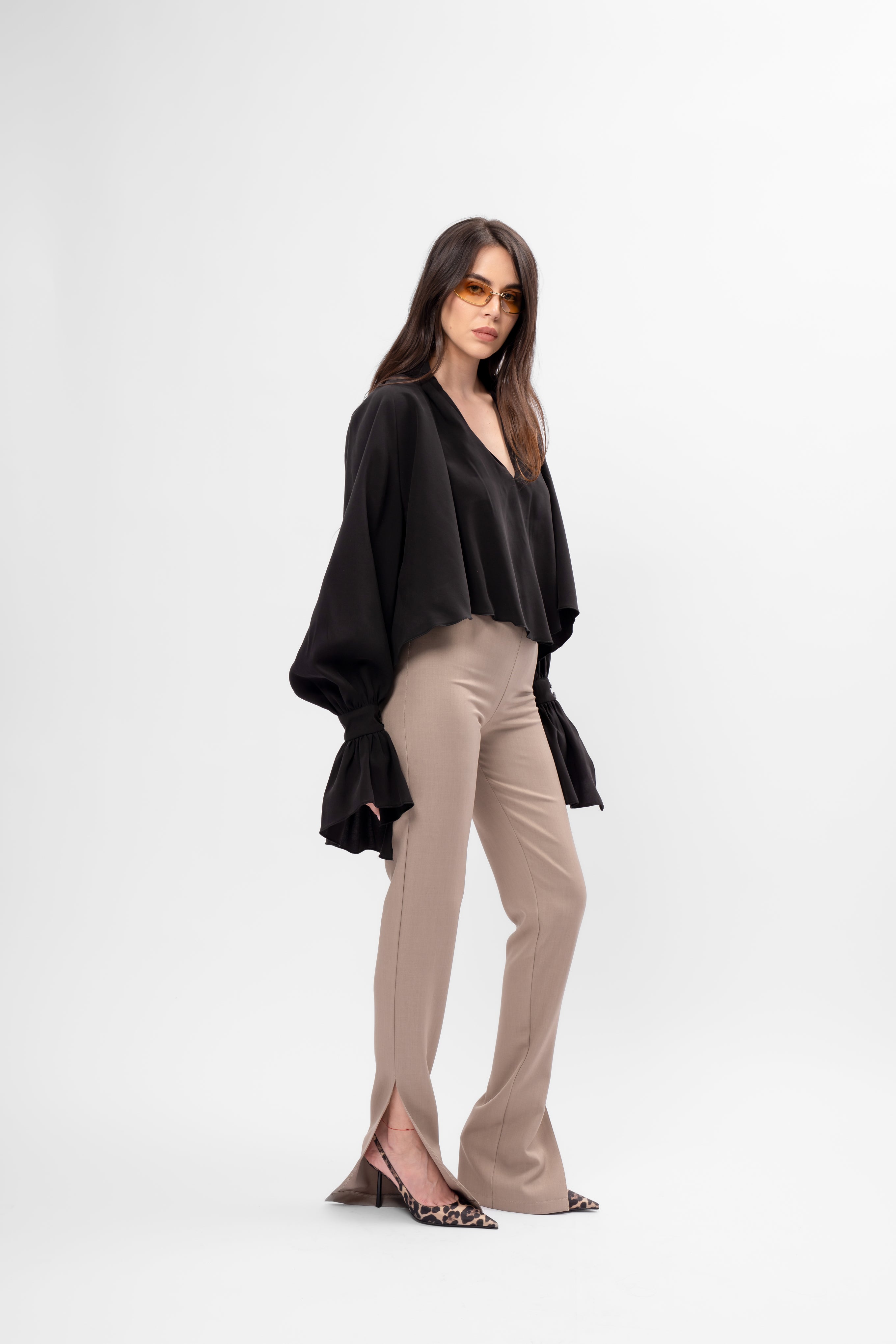 Black oversized shirt with high collar and balloon sleeves