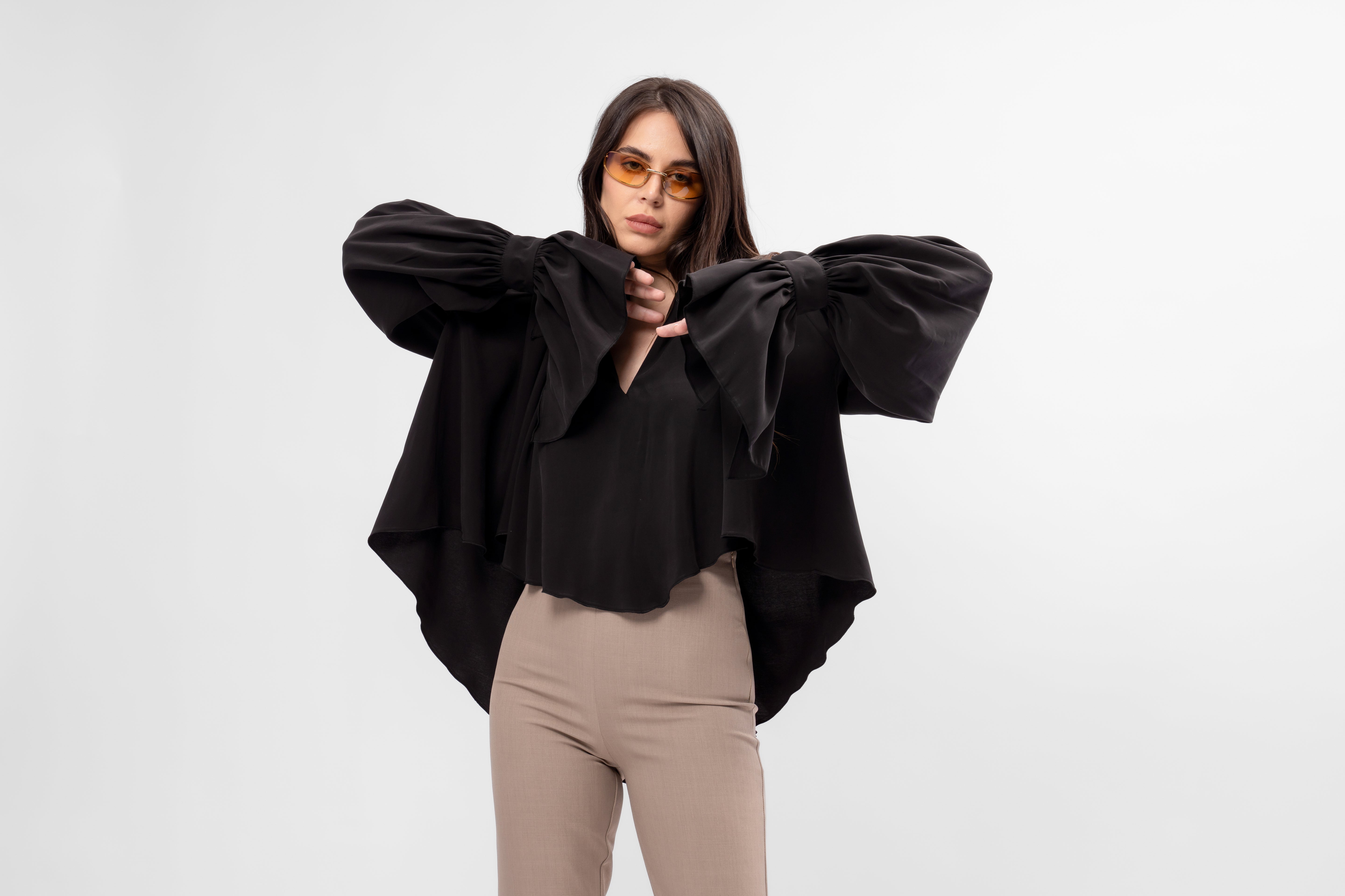 Black oversized shirt with high collar and balloon sleeves