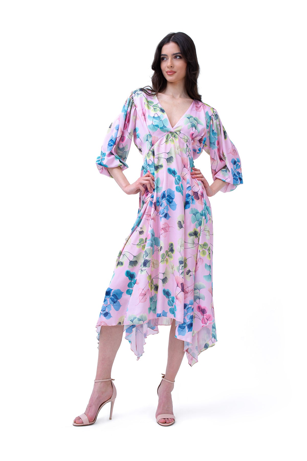 Floral Print Midi Dress With Pleats And Midi Sleeves