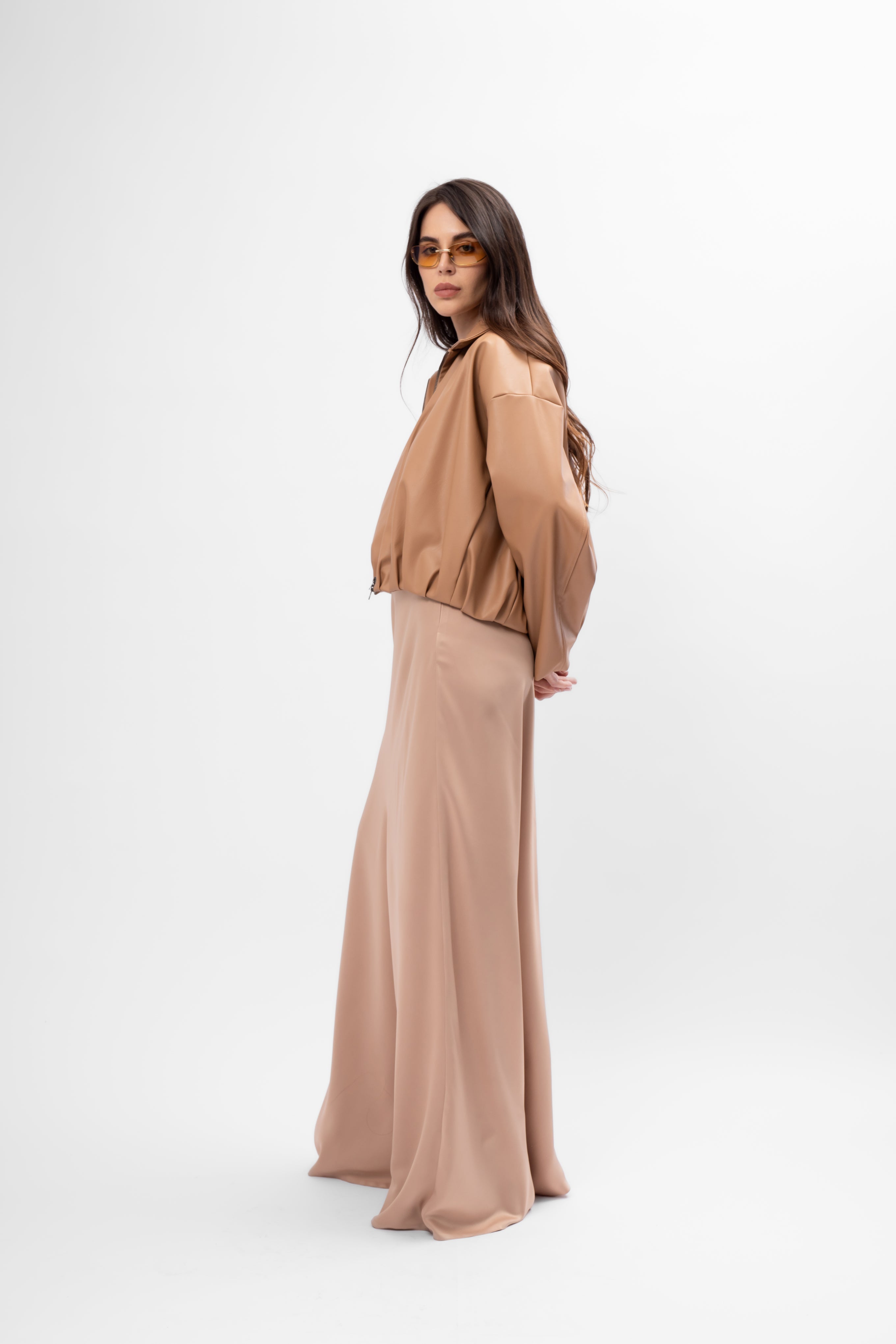 Geacă Crop Oversized cu Drapaje Culoare Camel