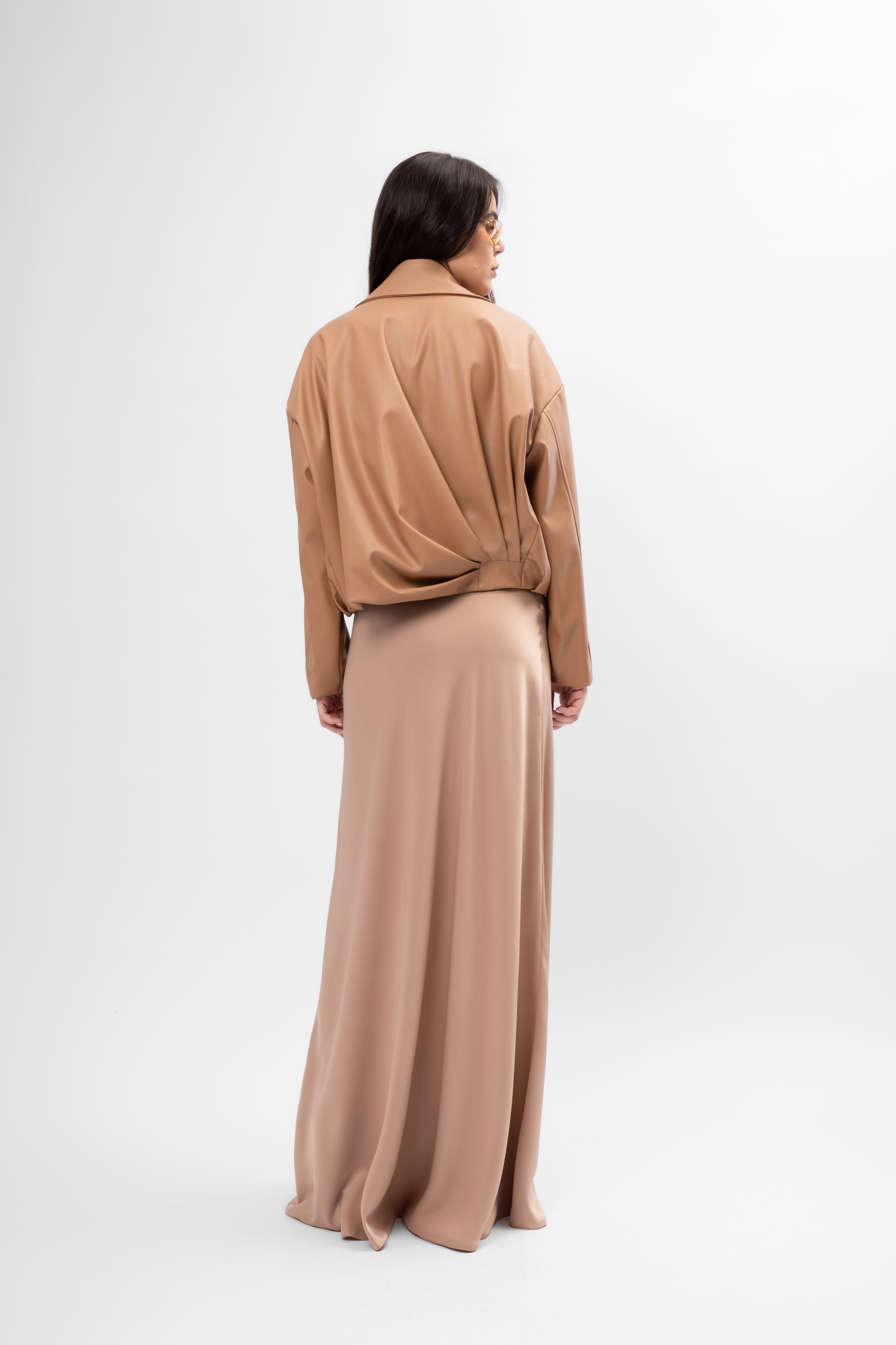 Camel Oversized Cropped Jacket with Draping