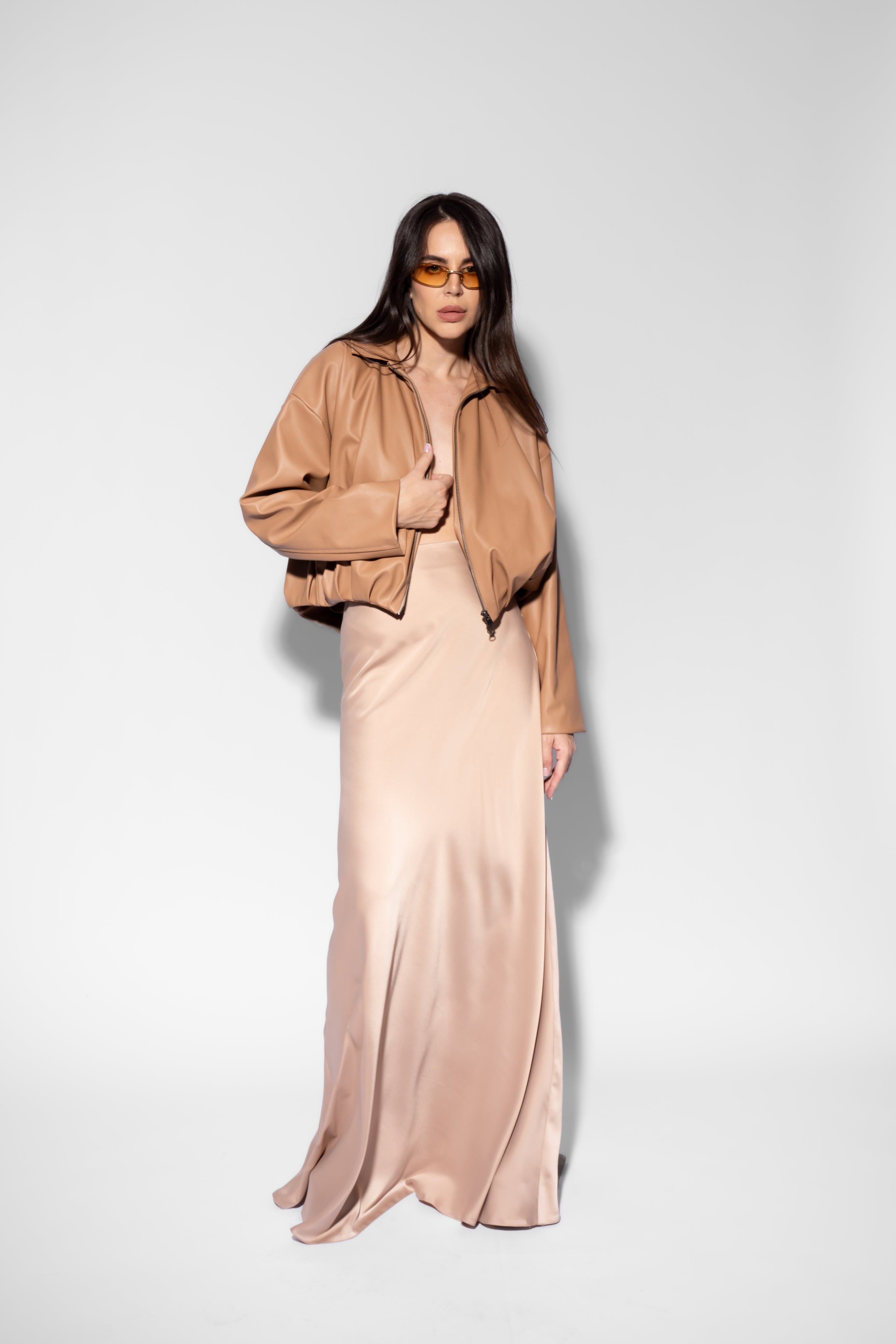 Camel Oversized Cropped Jacket with Draping