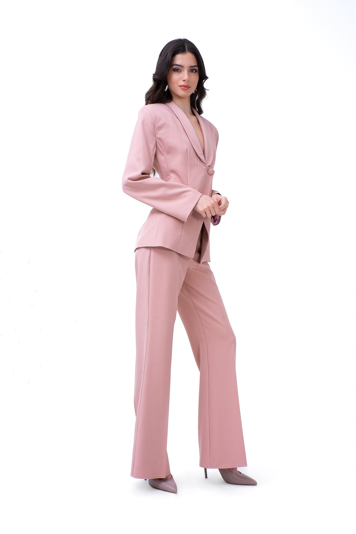 Powder Pink Suit With V-neck Blazer And Flared Trousers
