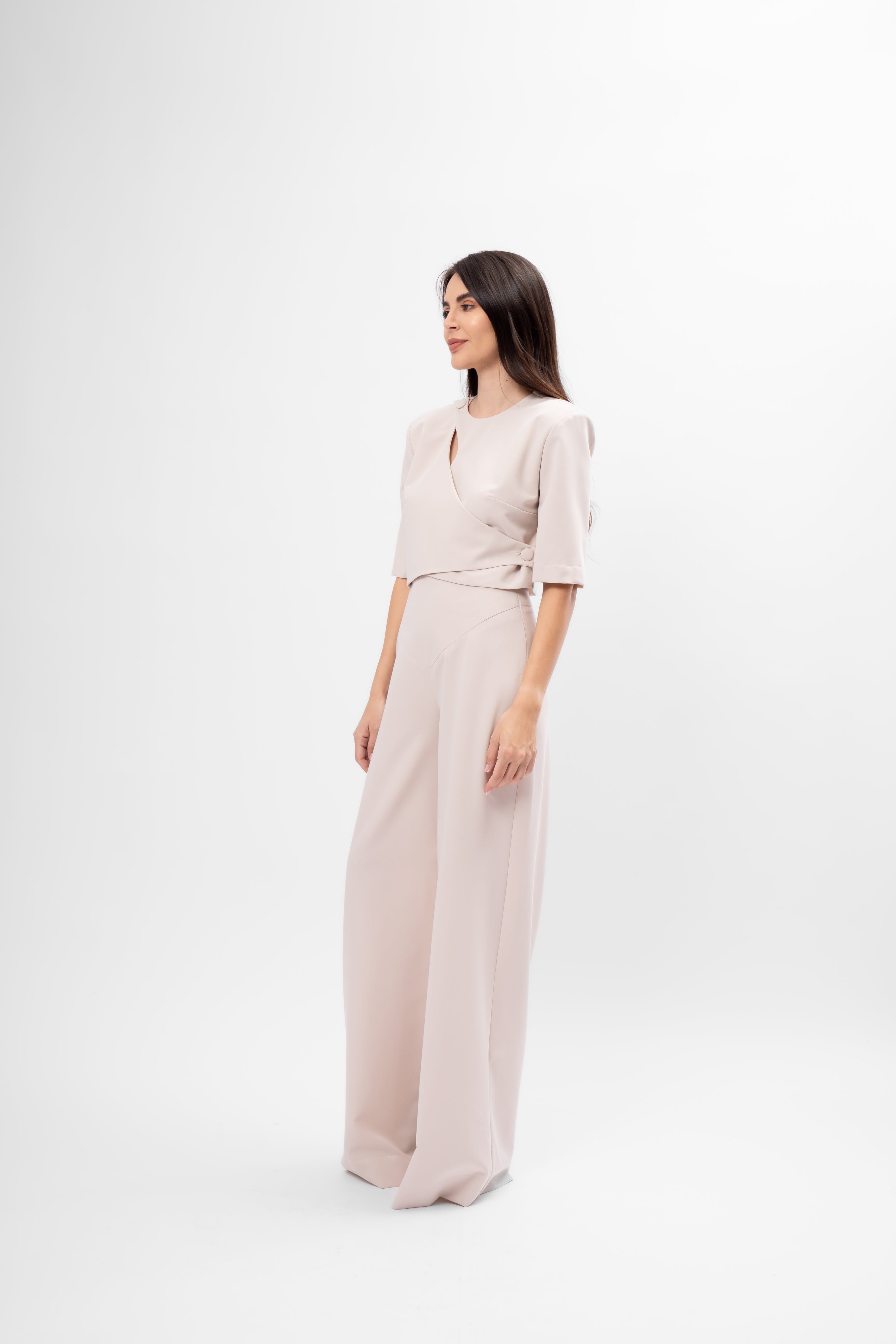 Beige Set with Cut-Out Top and Palazzo Pants