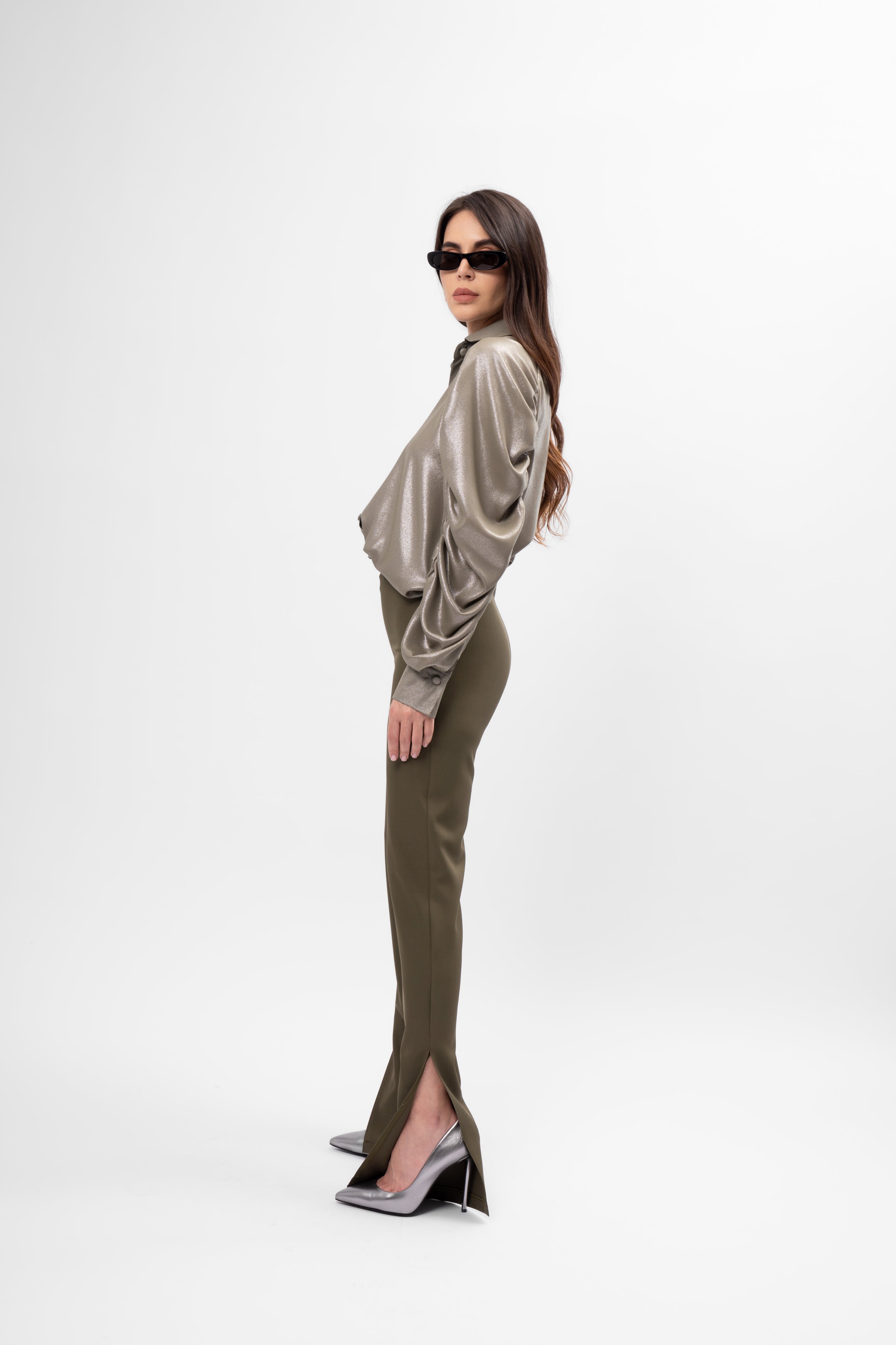 Cămașă Khaki Oversized din Material Metalizat cu Mâneci Bufante