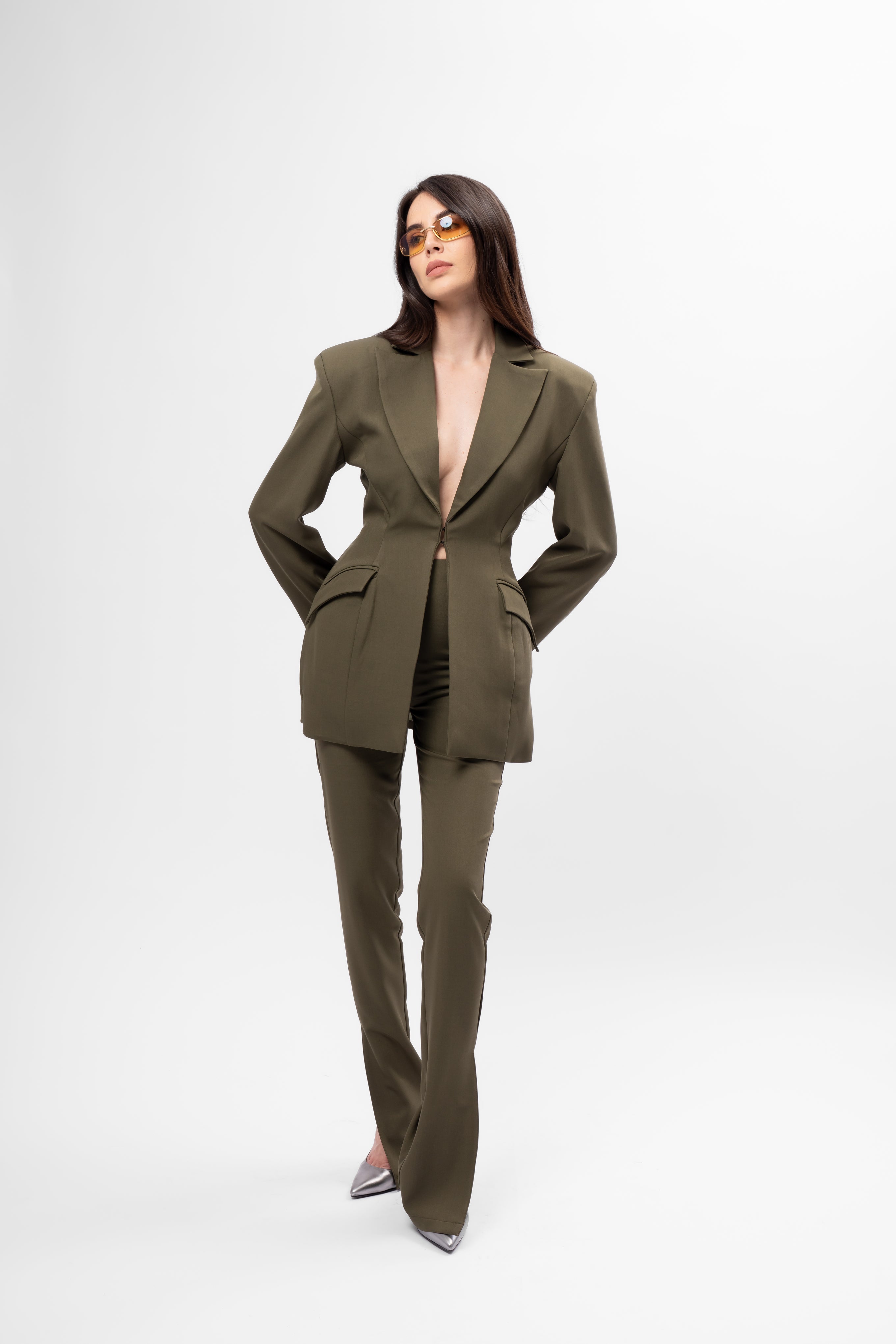 Khaki Suit with Balloon Blazer and Split-Hem Trousers