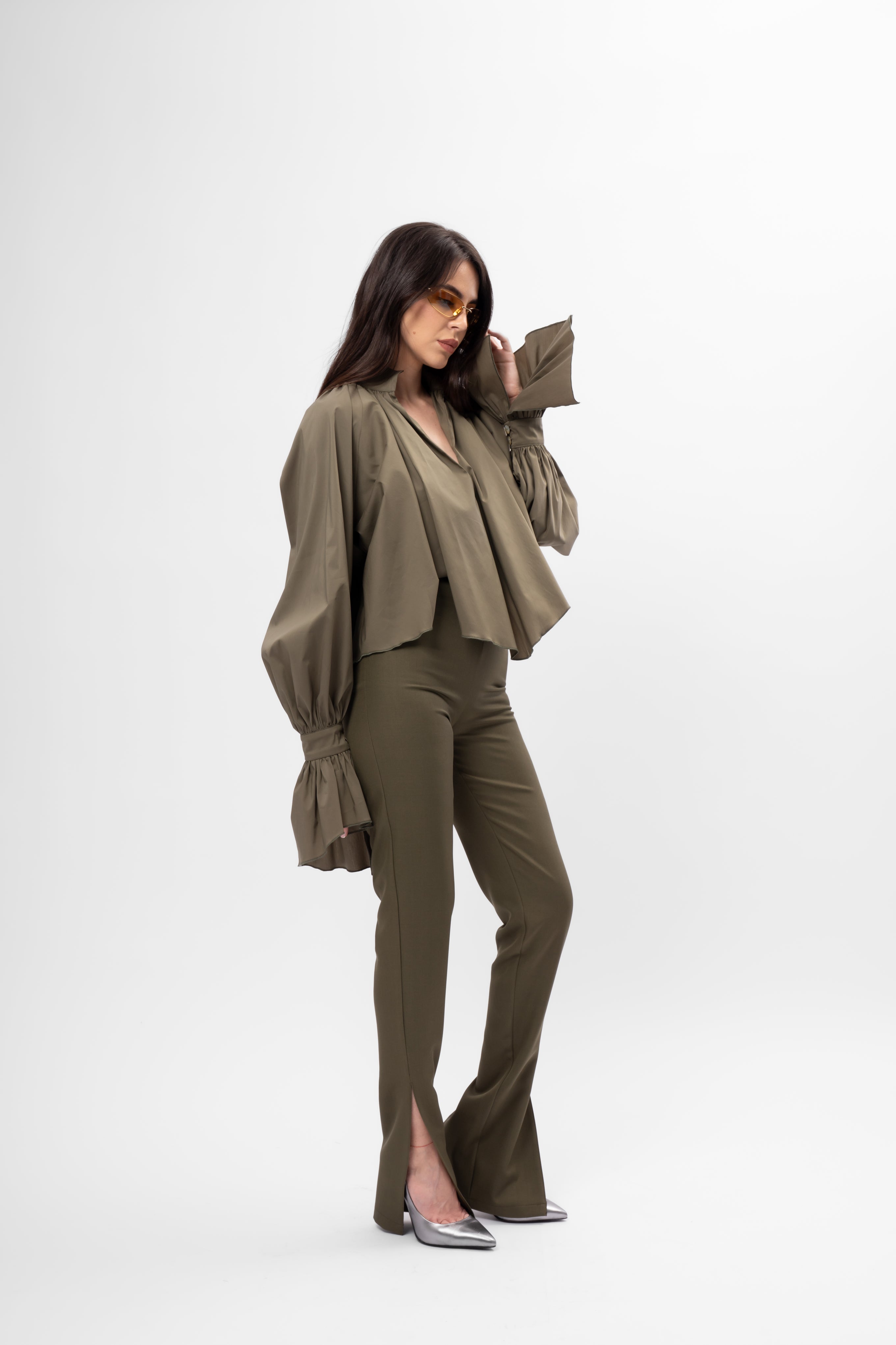 Khaki oversized shirt with high collar and balloon sleeves