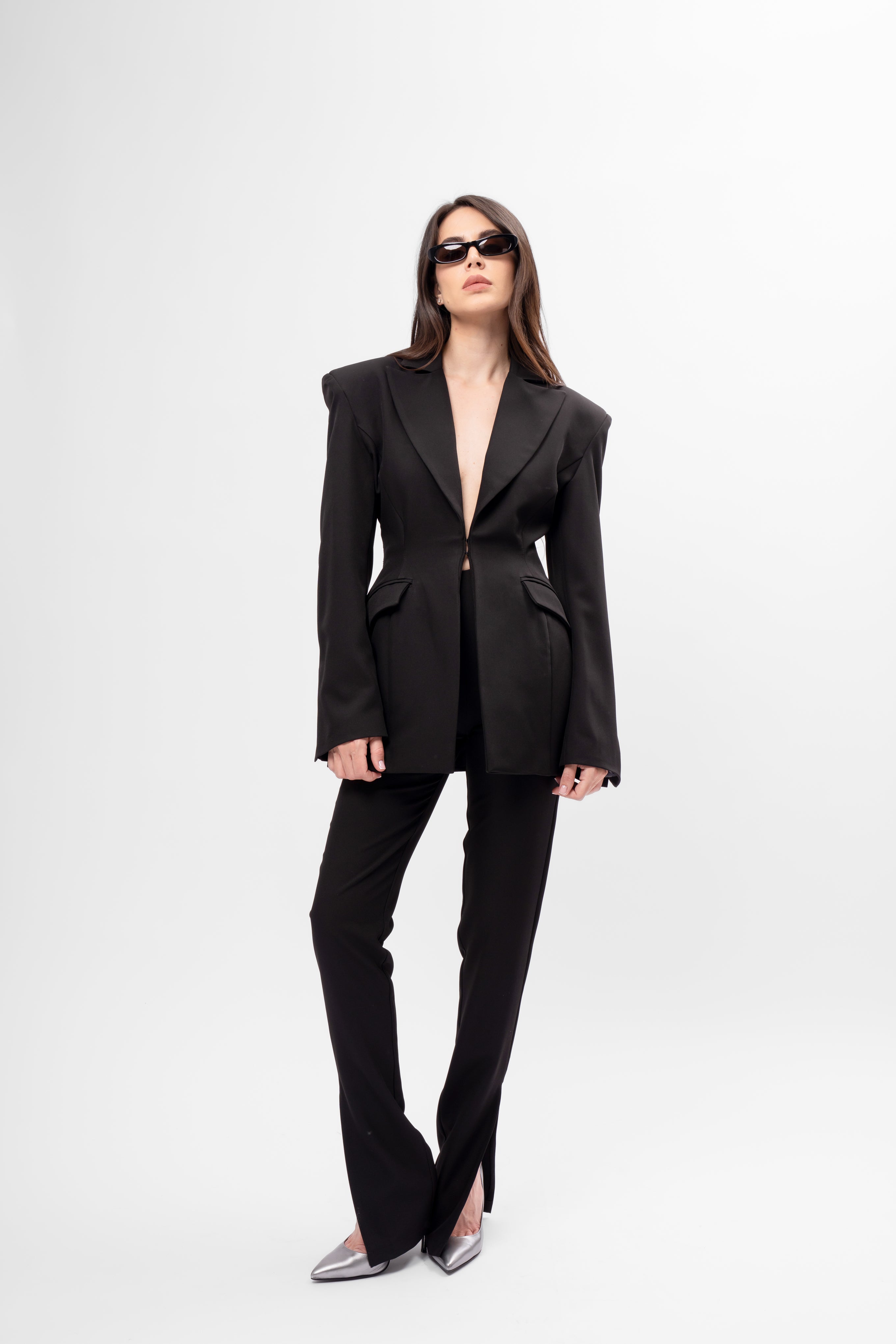 Black Suit with Balloon Blazer and Split-Hem Trousers