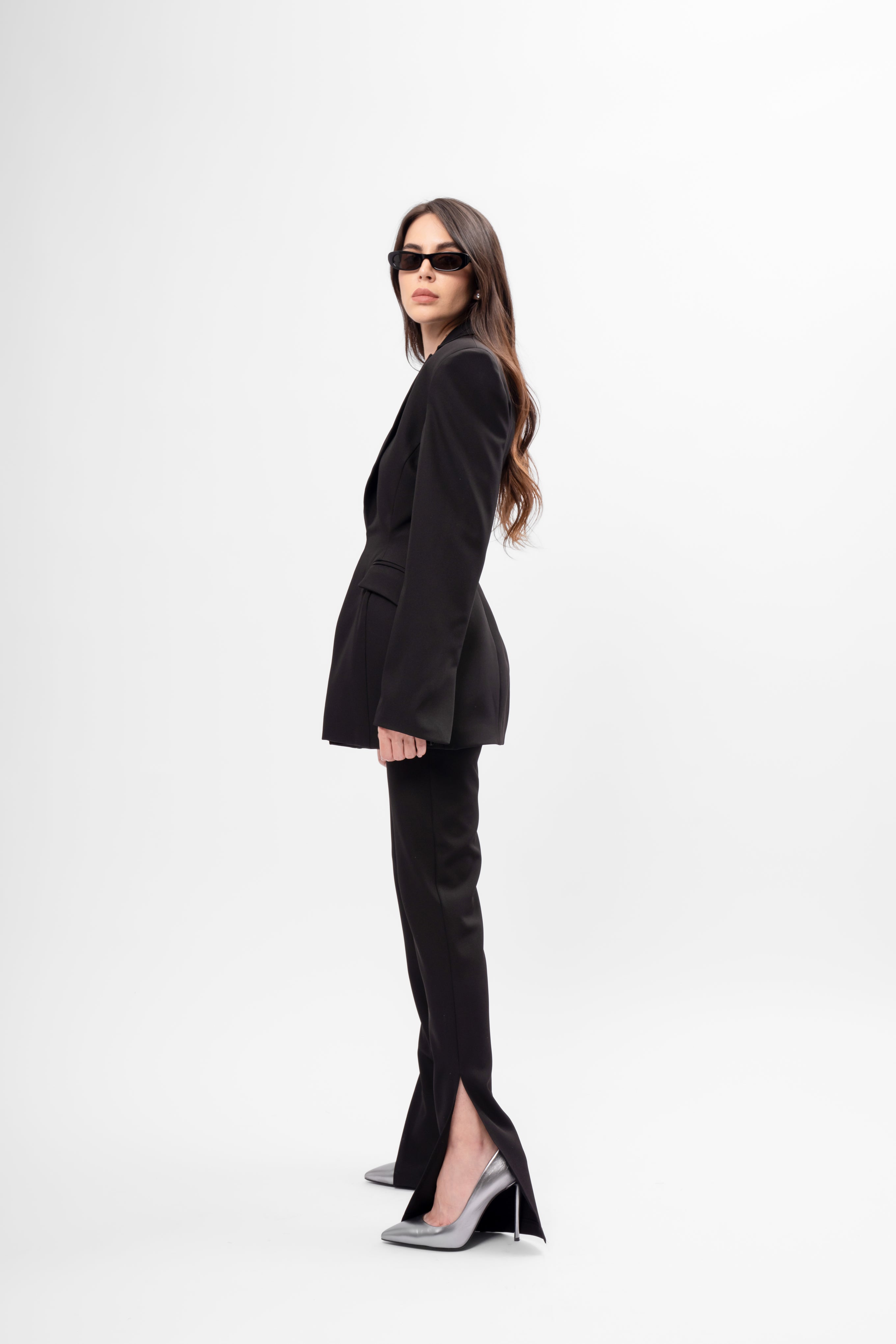 Black Suit with Balloon Blazer and Split-Hem Trousers