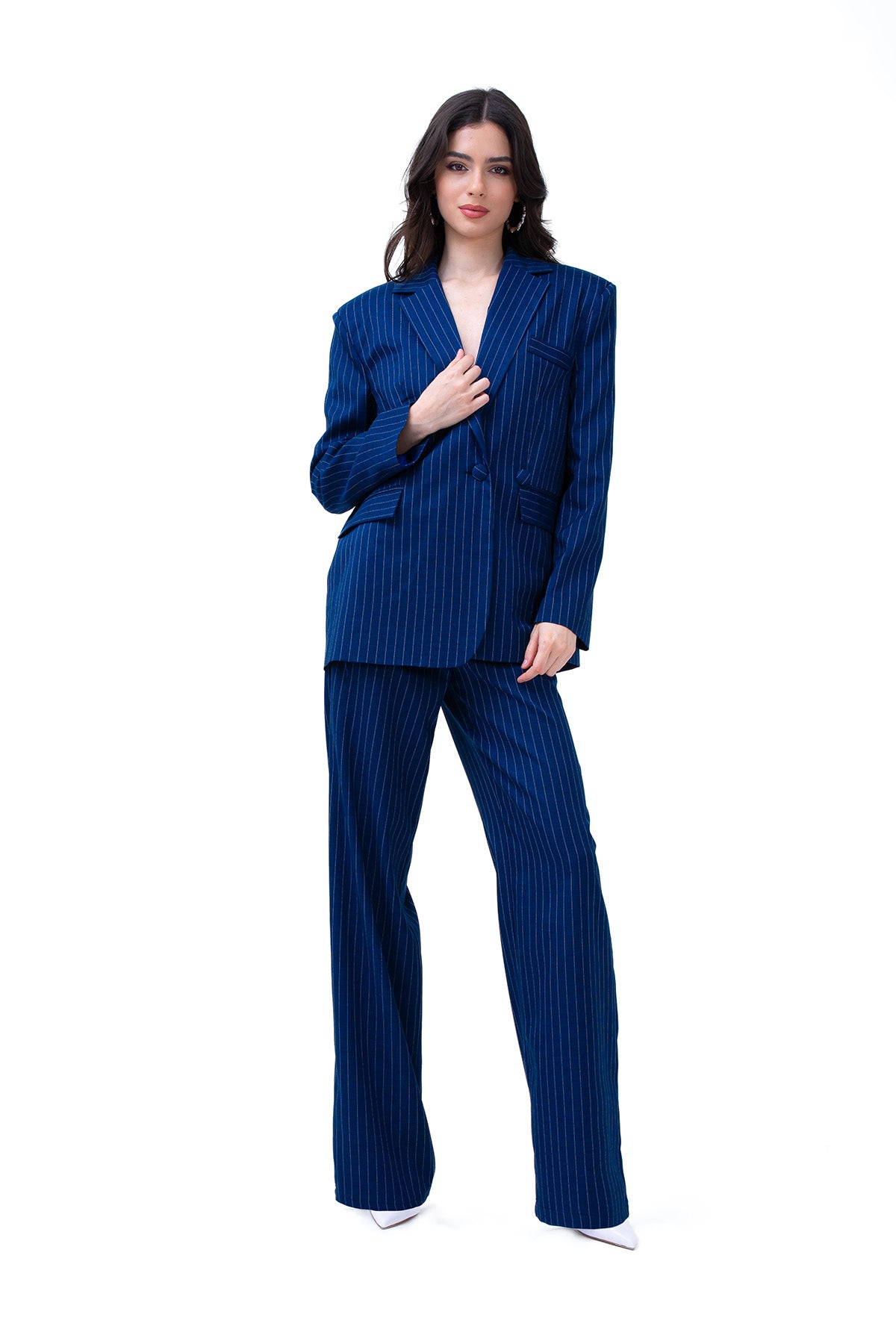 Striped Blue Suit With Oversized Blazer And Straight Trousers