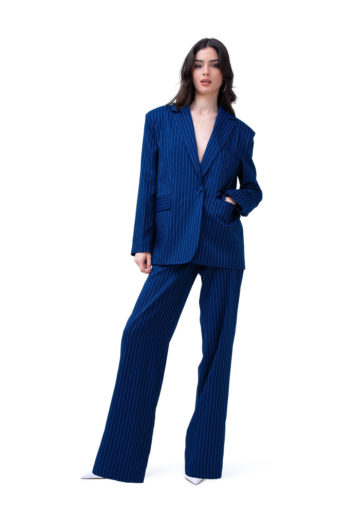Striped Blue Suit With Oversized Blazer And Straight Trousers