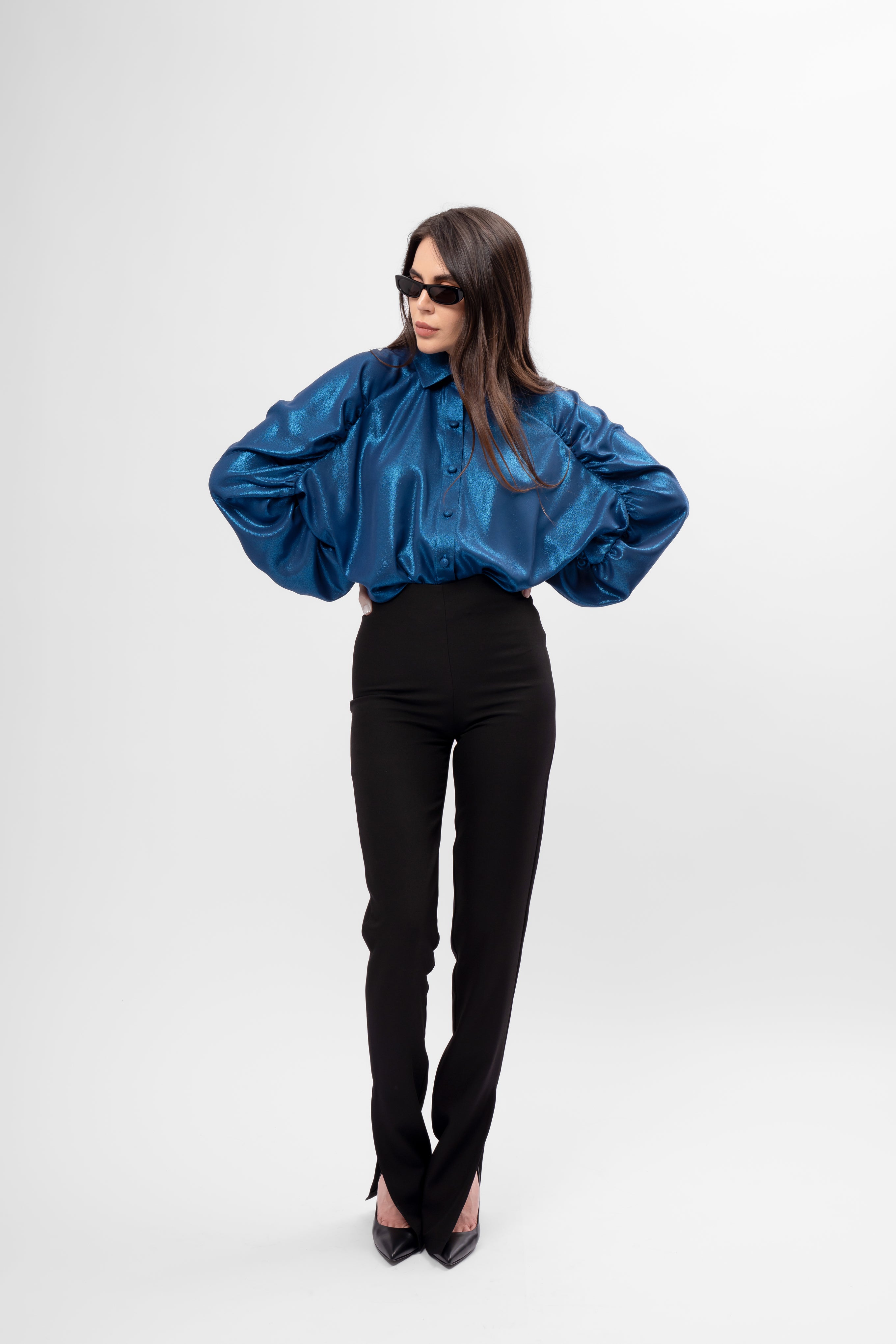 Oversized Metallic Shirt with Puff Sleeves – Blue
