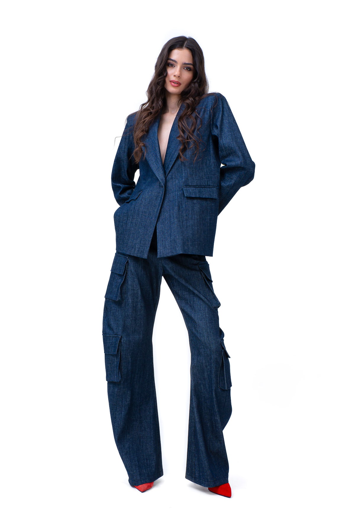 Denim Suit With Oversized Blazer And Cargo Trousers