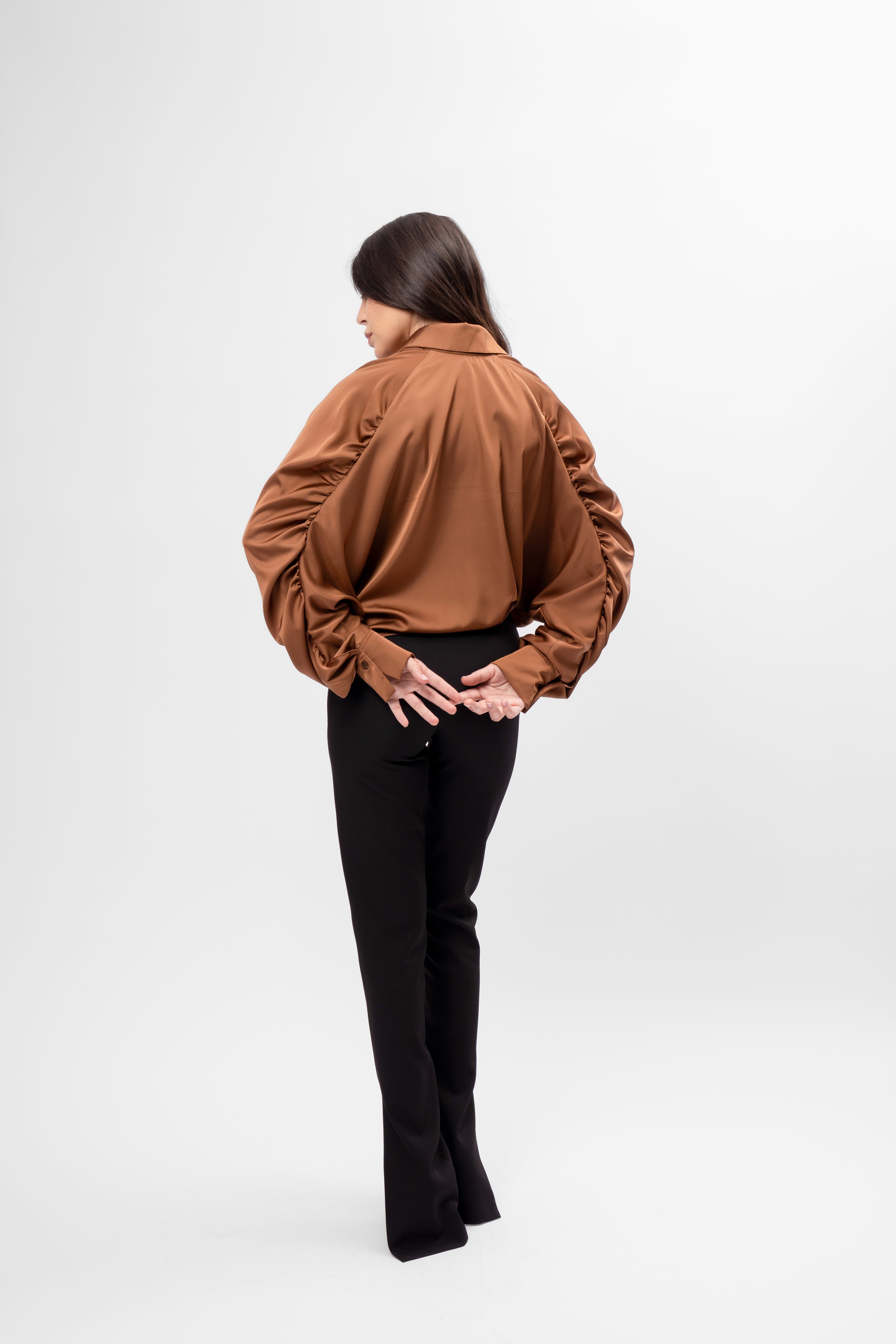 Oversized Satin Shirt with Puff Sleeves – Bronze