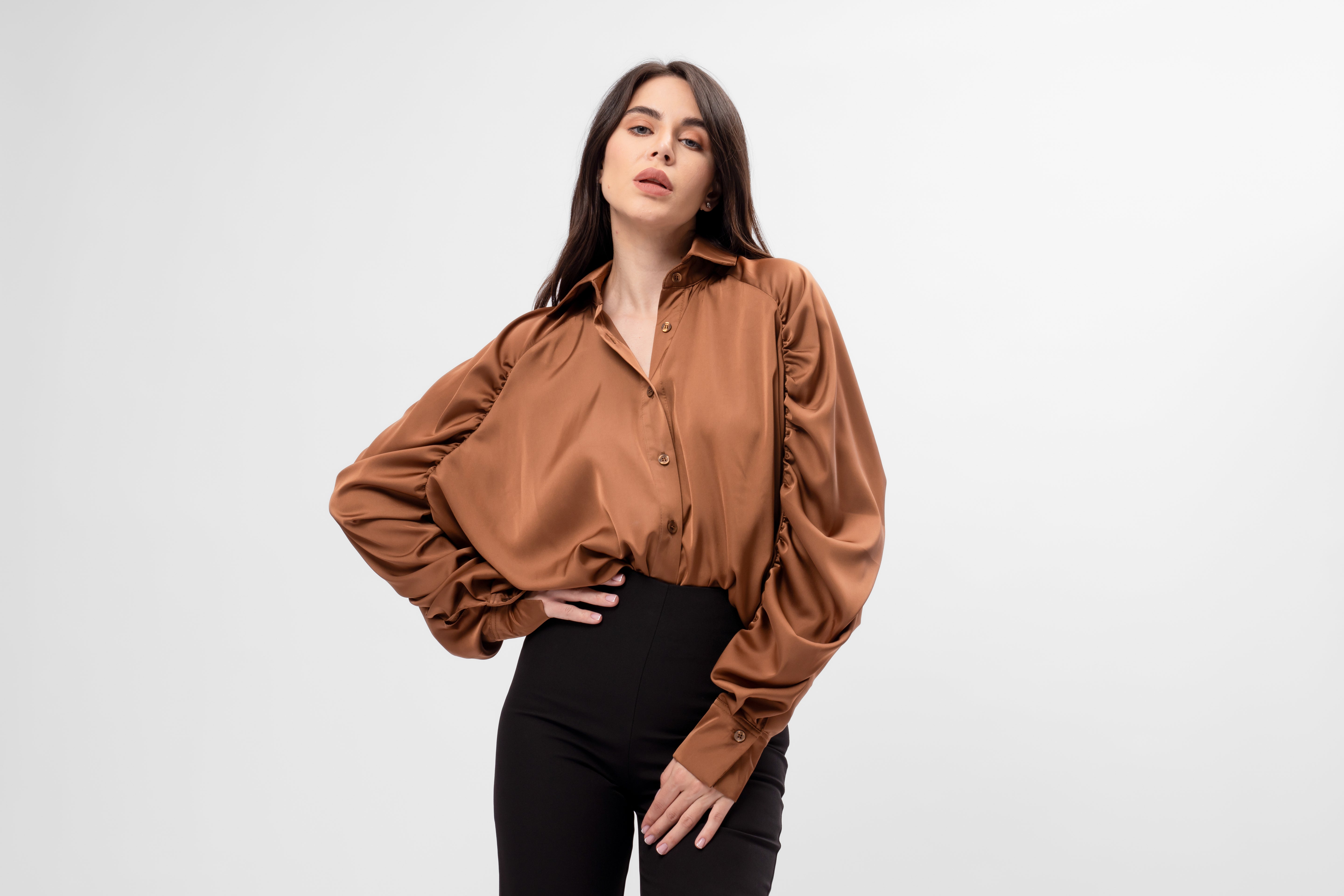 Oversized Satin Shirt with Puff Sleeves – Bronze