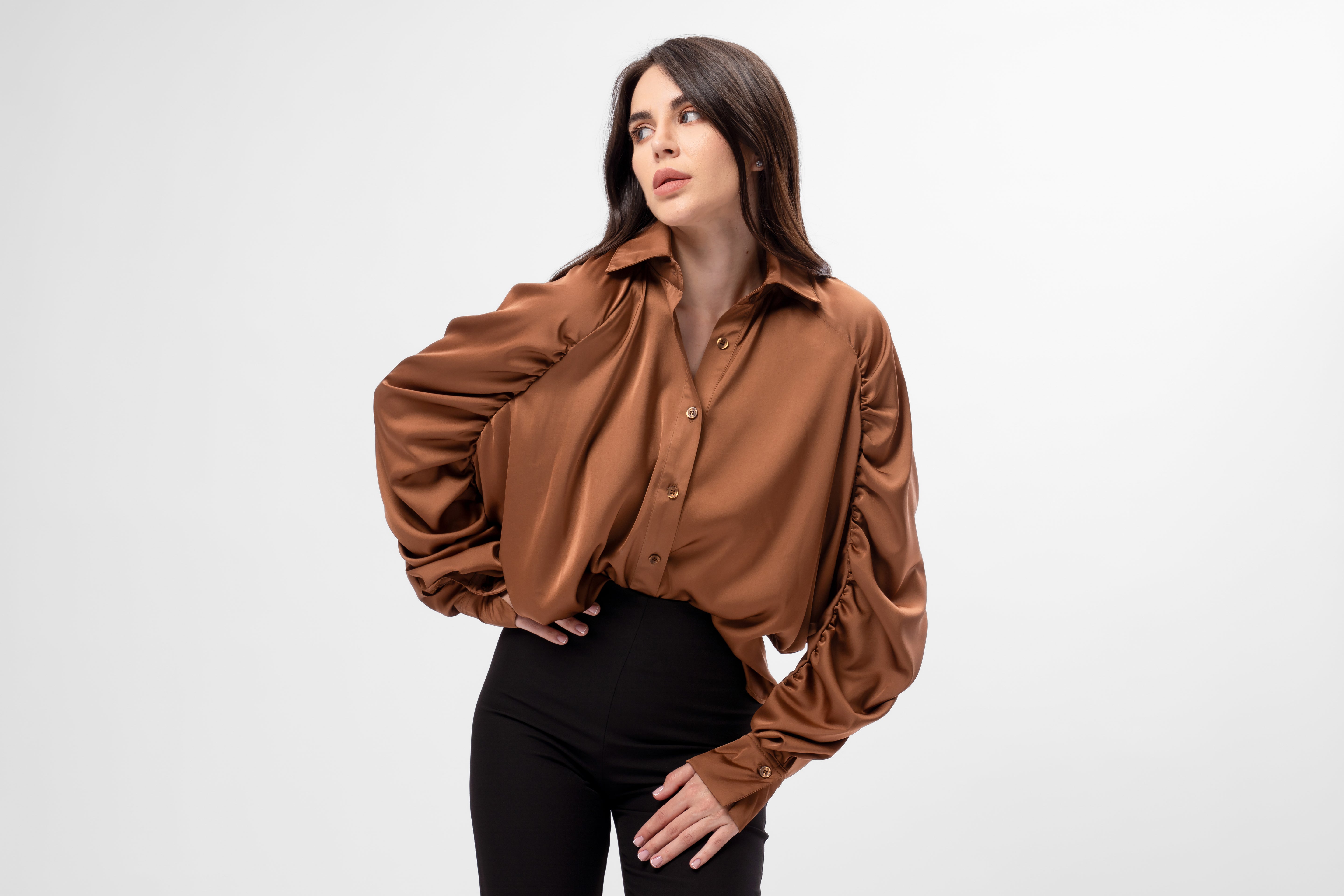 Oversized Satin Shirt with Puff Sleeves – Bronze