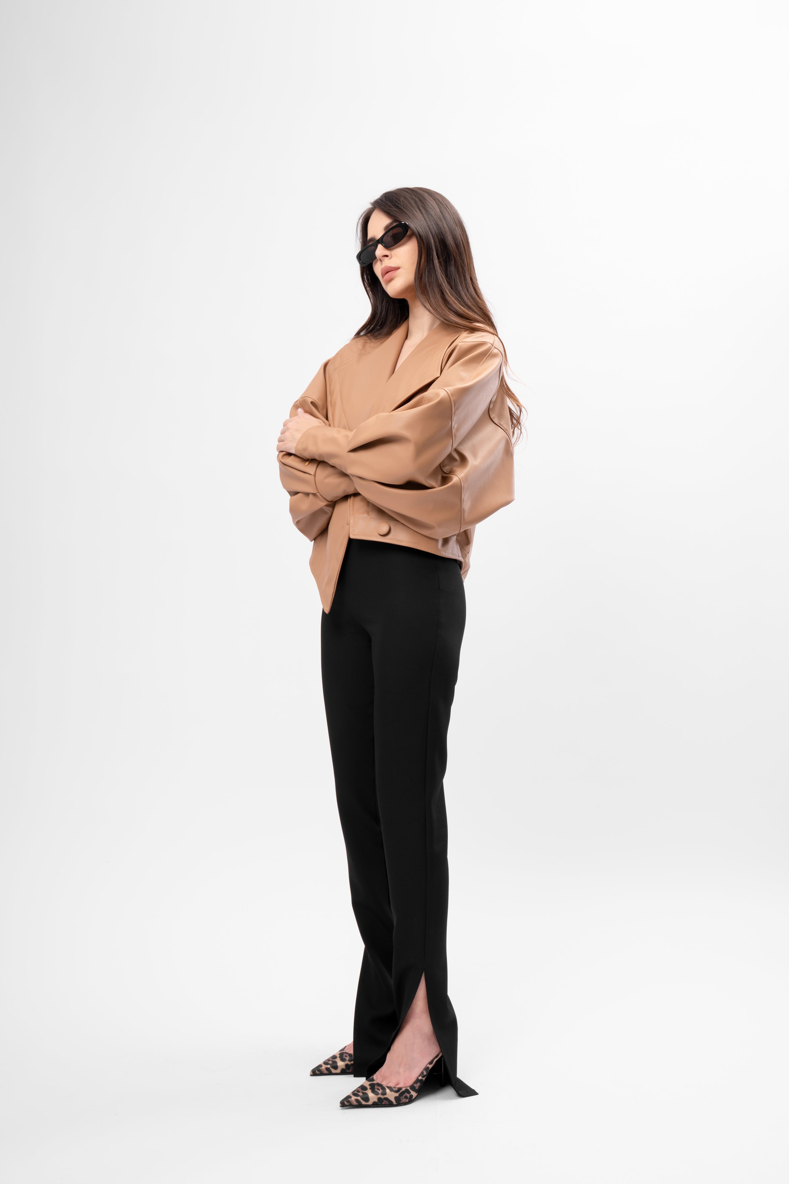 Asymmetric camel cropped faux leather jacket with oversized fit