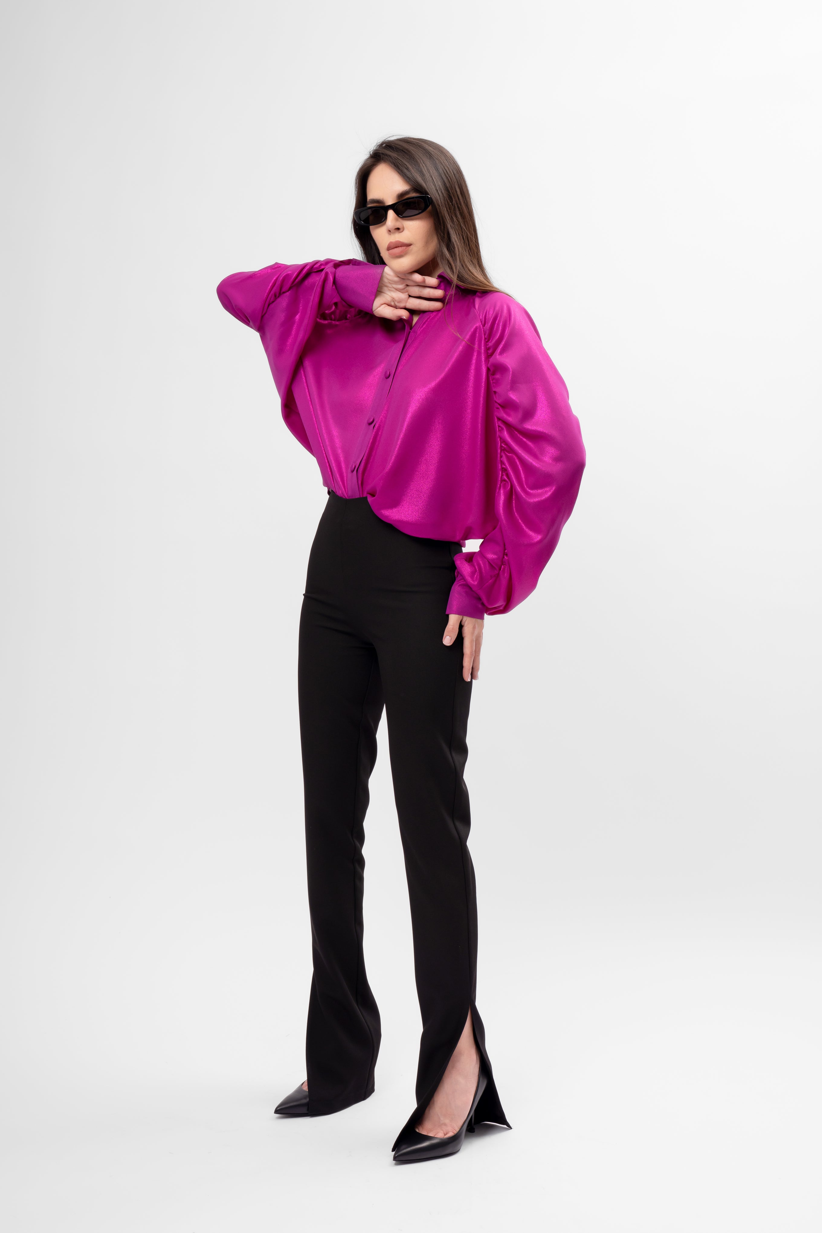 Oversized Satin Shirt with Puff Sleeves – Fuchsia
