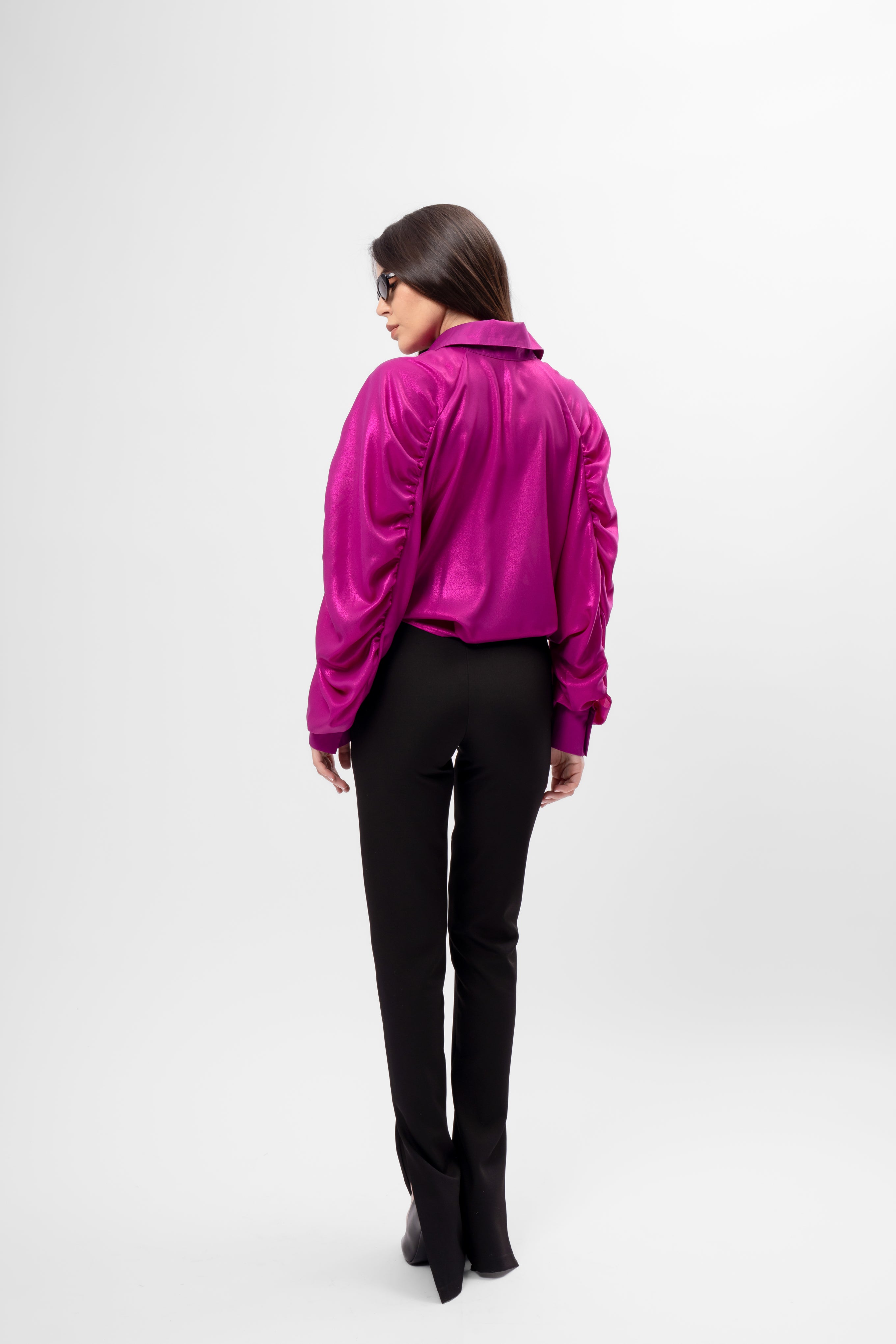 Oversized Satin Shirt with Puff Sleeves – Fuchsia