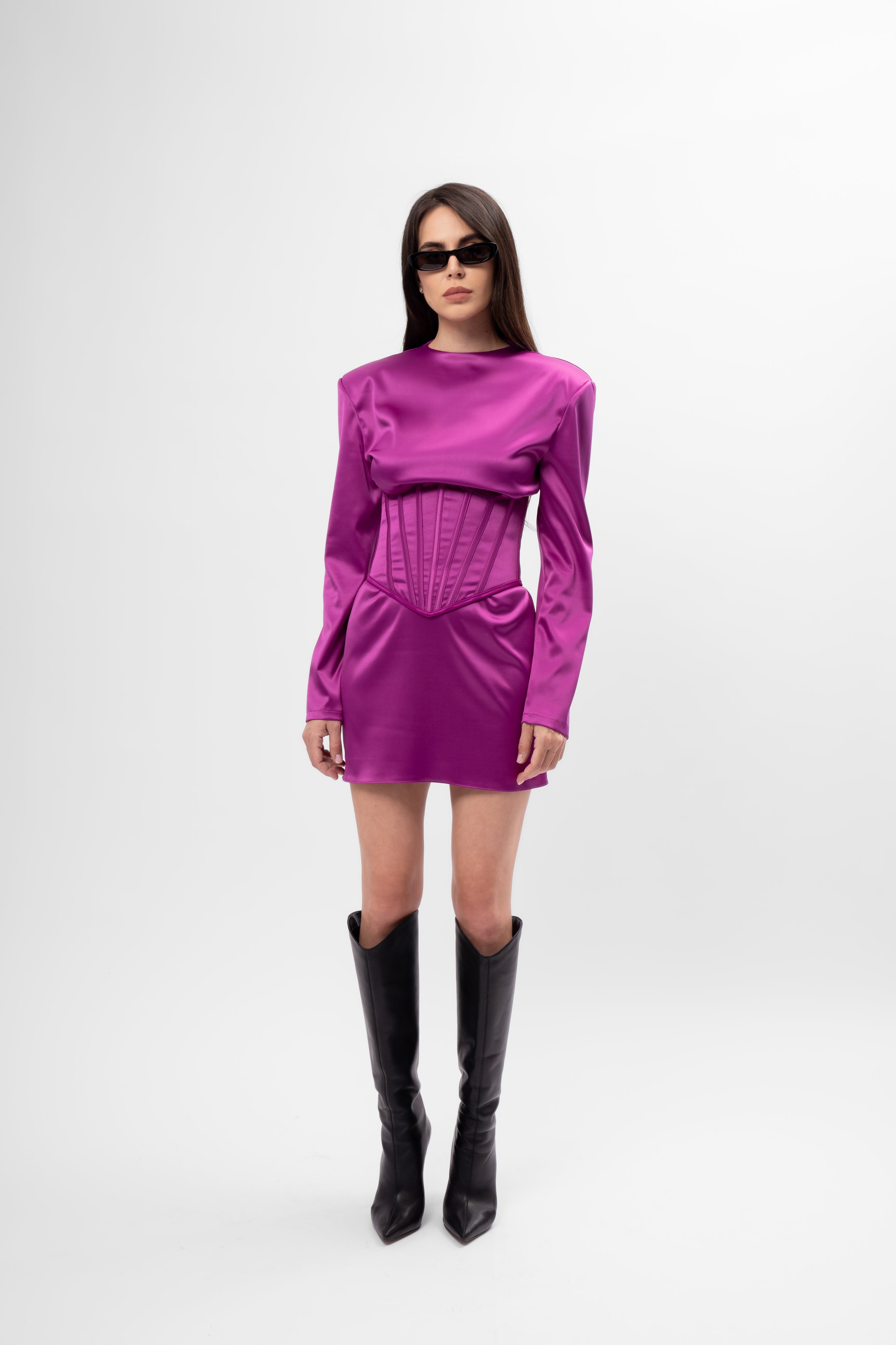 Fuchsia Satin Mini Dress with Integrated Corset