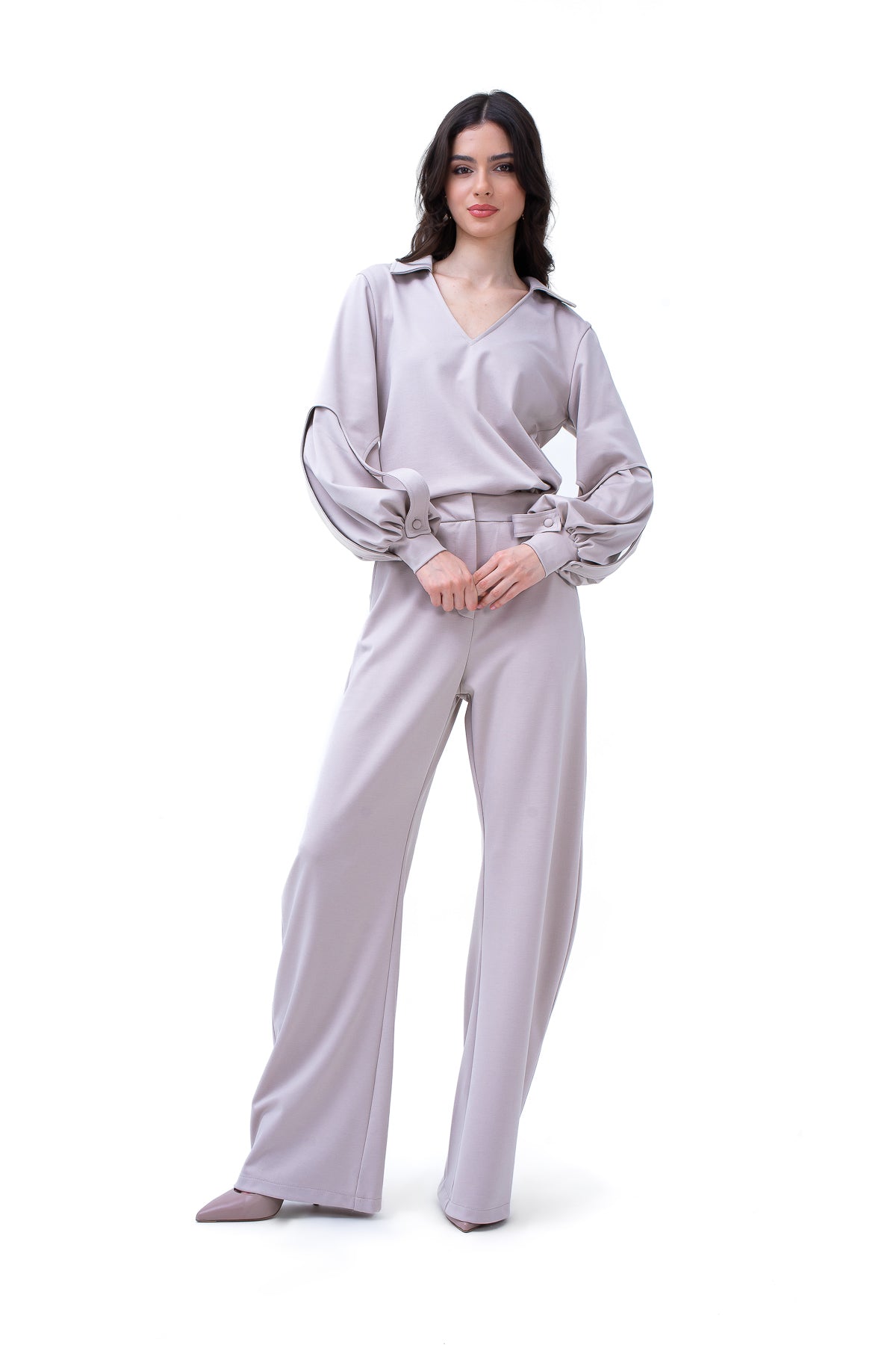 Grey Set With Puff-Sleeve Blouse And Straight Trousers