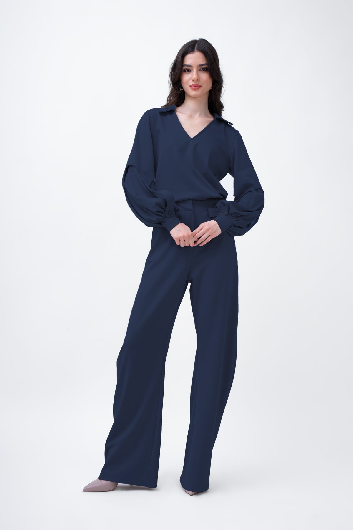 Navy Set With Puff-Sleeve Blouse And Straight Trousers