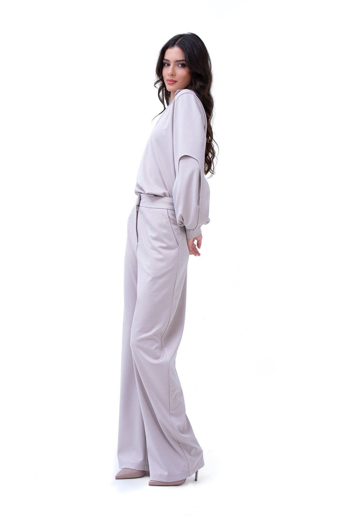Grey Set With Puff-Sleeve Blouse And Straight Trousers