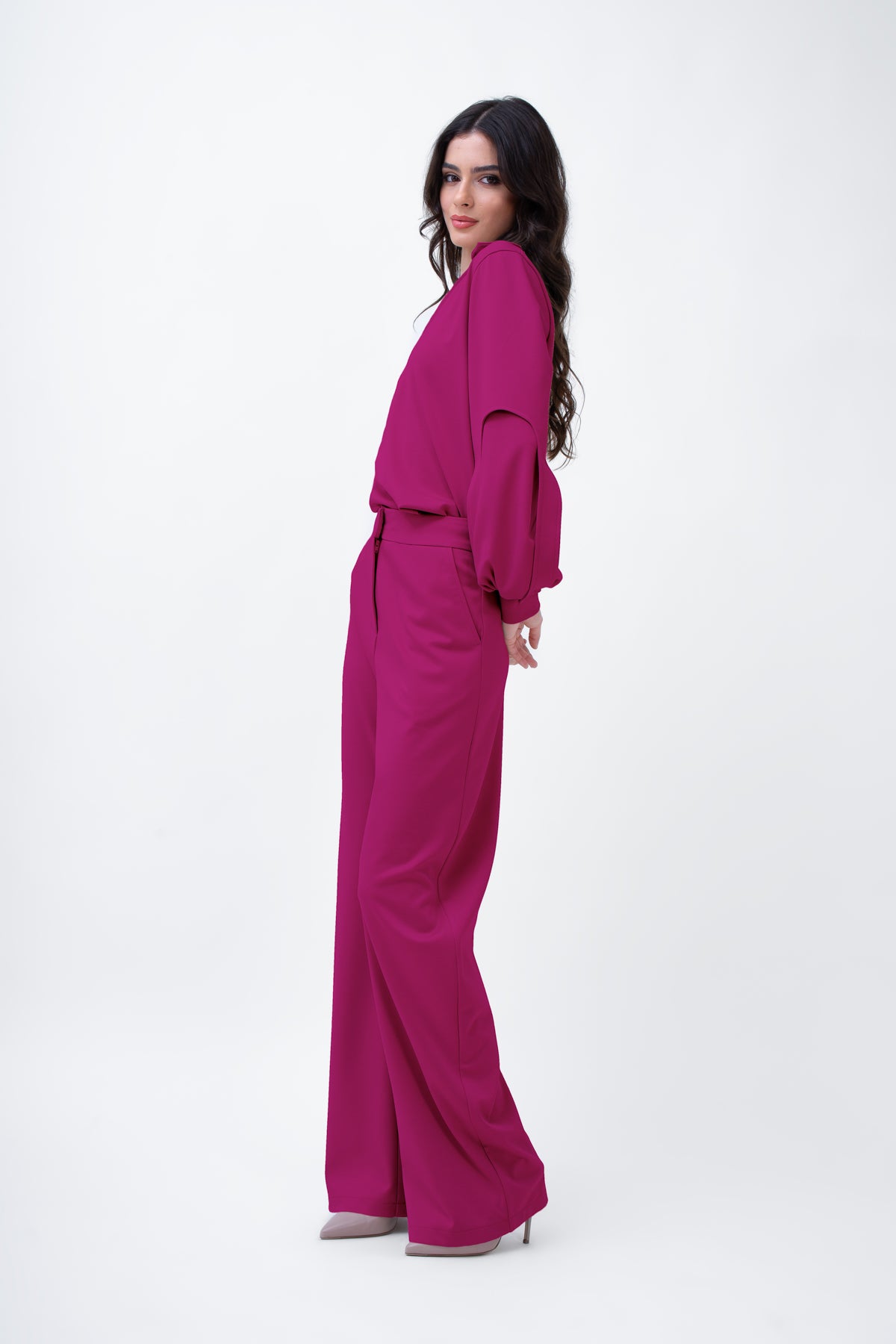 Fuchsia Set With Puff-Sleeve Blouse And Straight Trousers