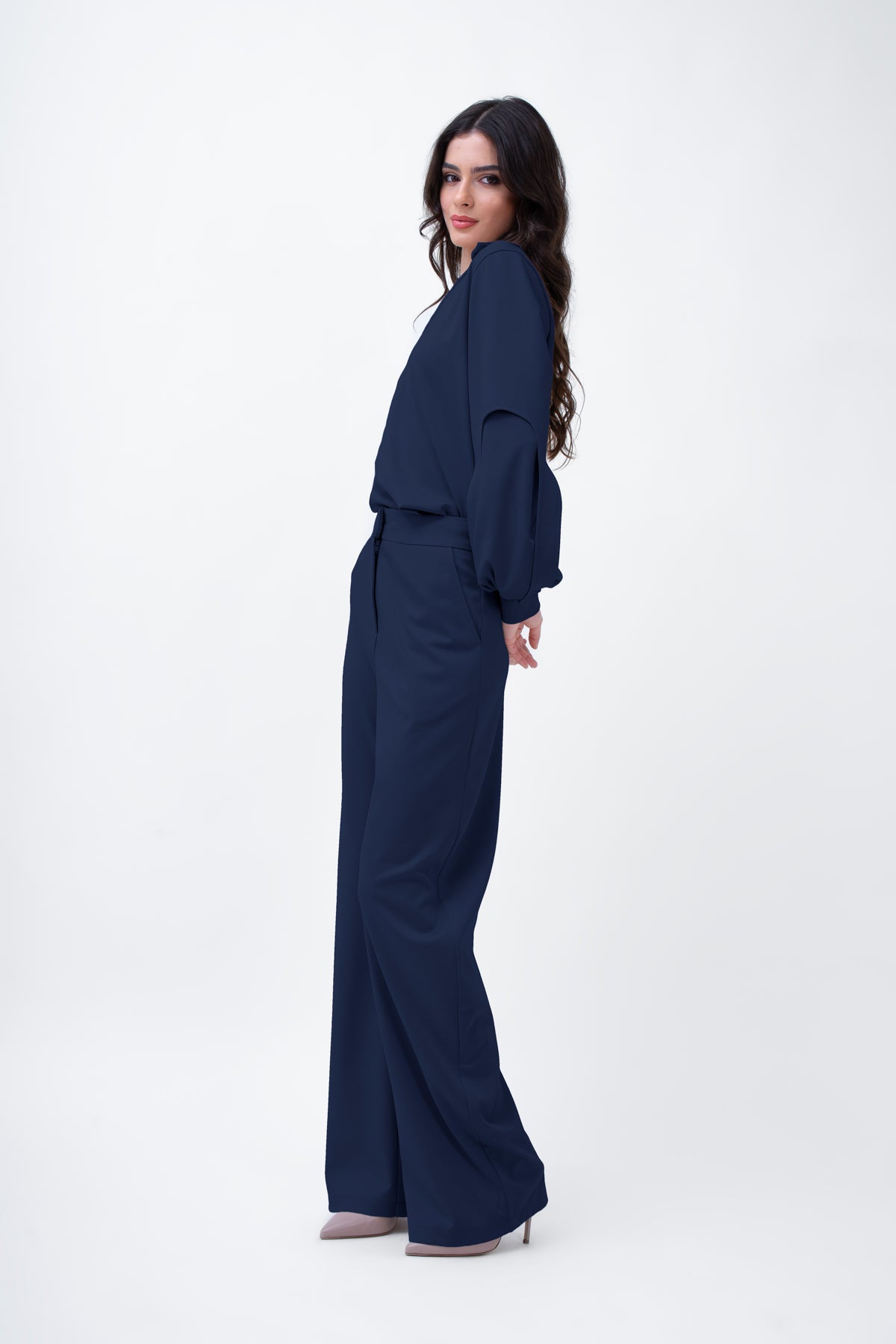 Navy Set With Puff-Sleeve Blouse And Straight Trousers