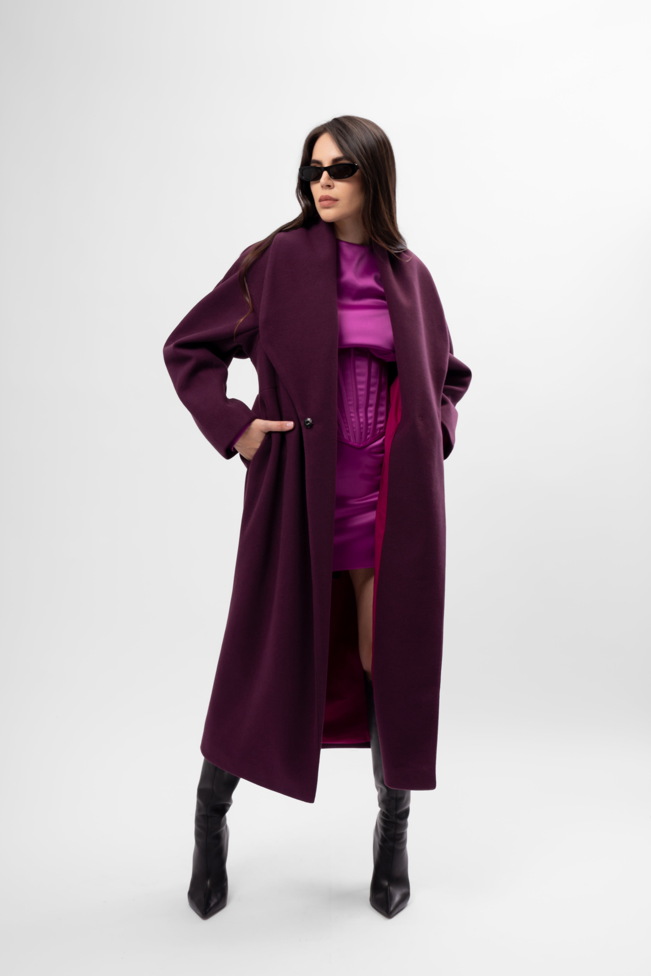 Long plum-purple coat with belt and wide lapel