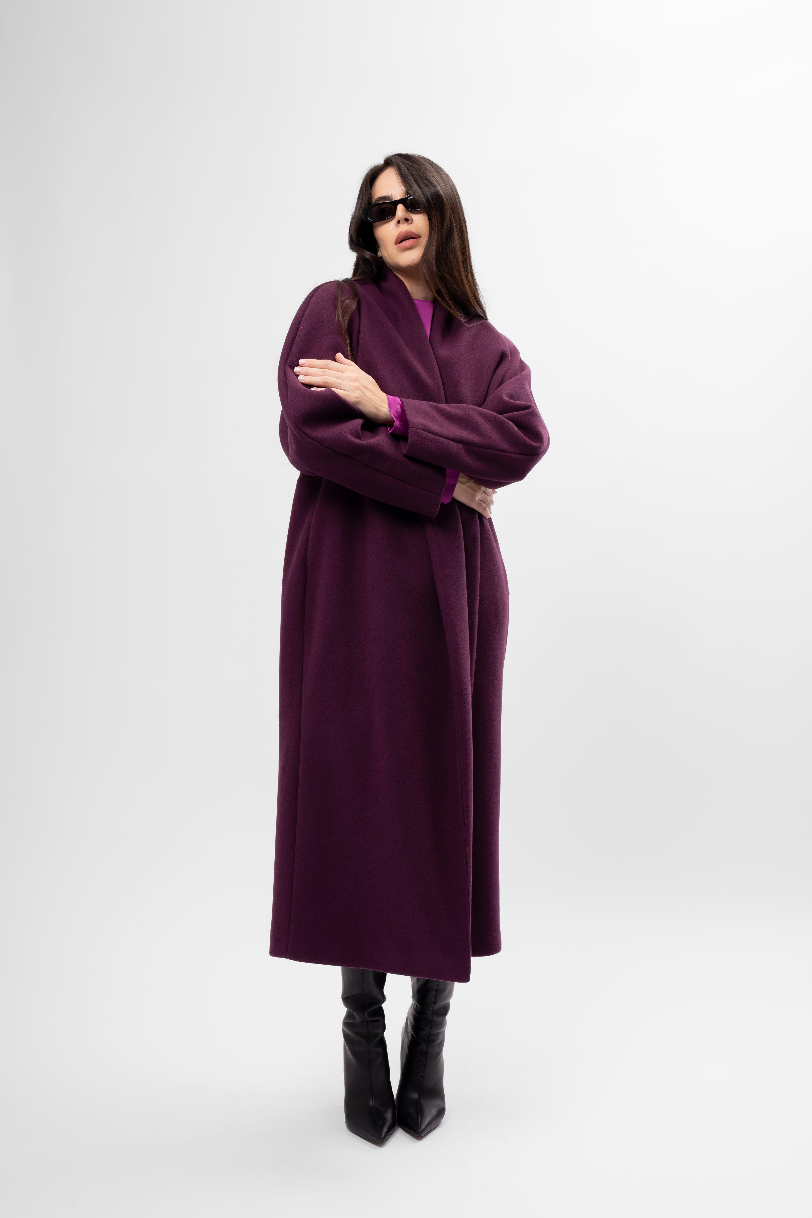 Long plum-purple coat with belt and wide lapel