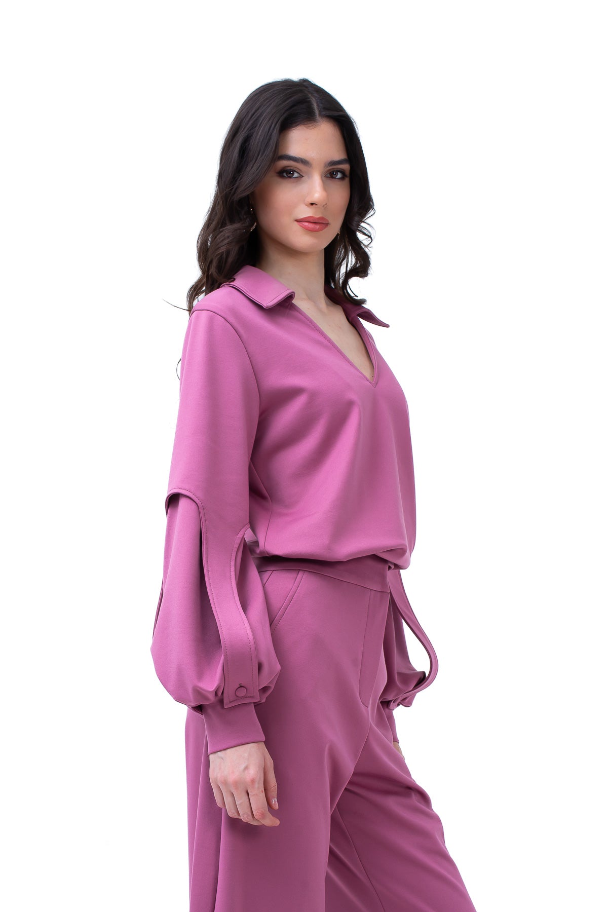 Mauve Set With Puff-Sleeve Blouse And Straight Trousers