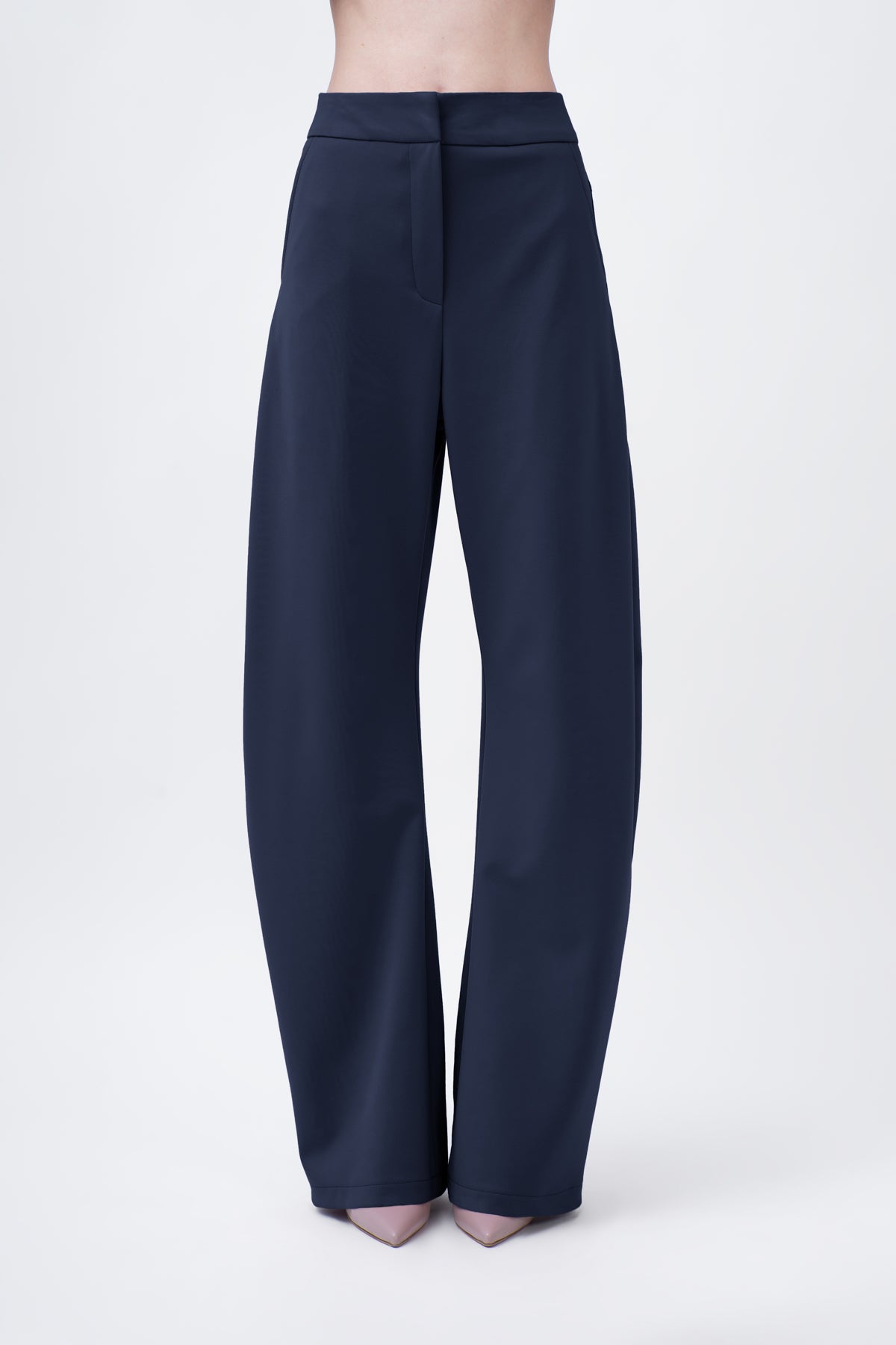 Navy Set With Puff-Sleeve Blouse And Straight Trousers
