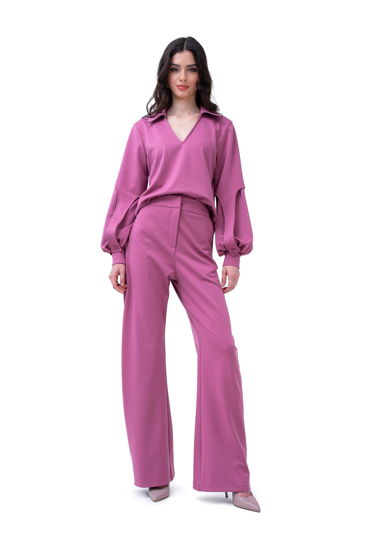 Mauve Set With Puff-Sleeve Blouse And Straight Trousers