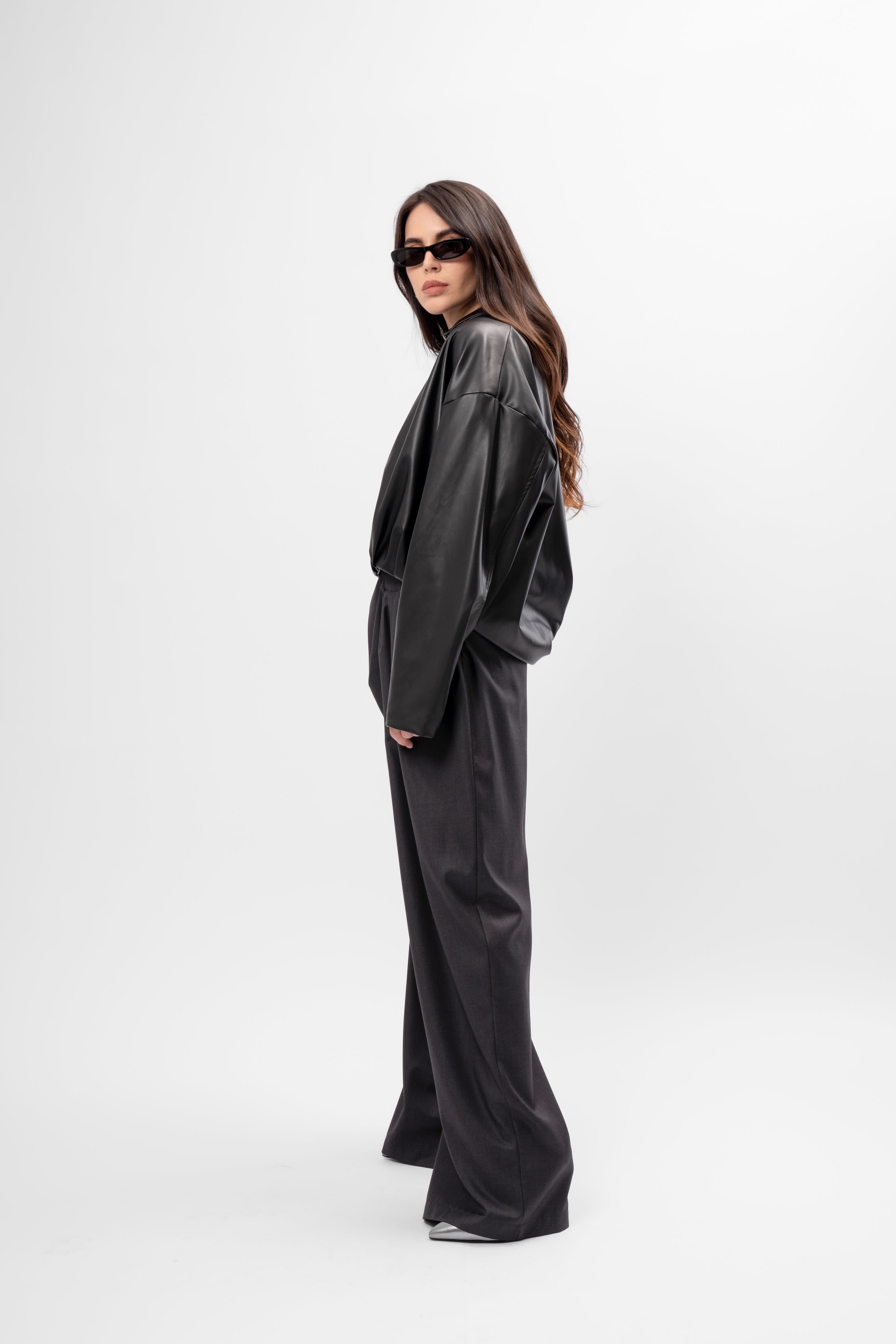 Black Oversized Cropped Jacket with Draping