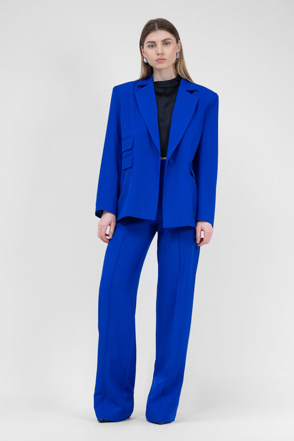 Electric Blue Suit With Regular Blazer With Double Pocket And Stripe Detail Trousers