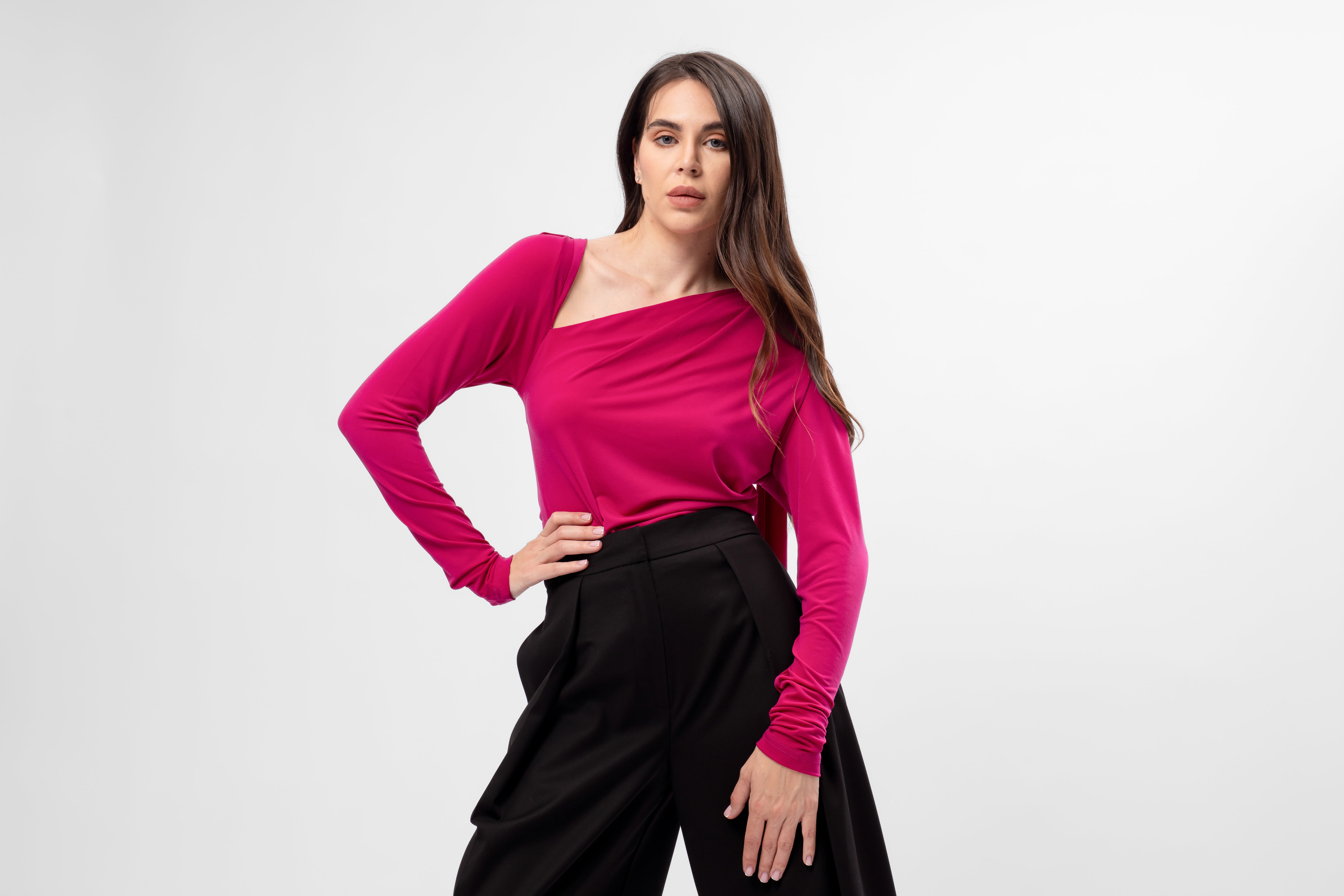 Fuchsia Jersey Top with Asymmetric Neckline