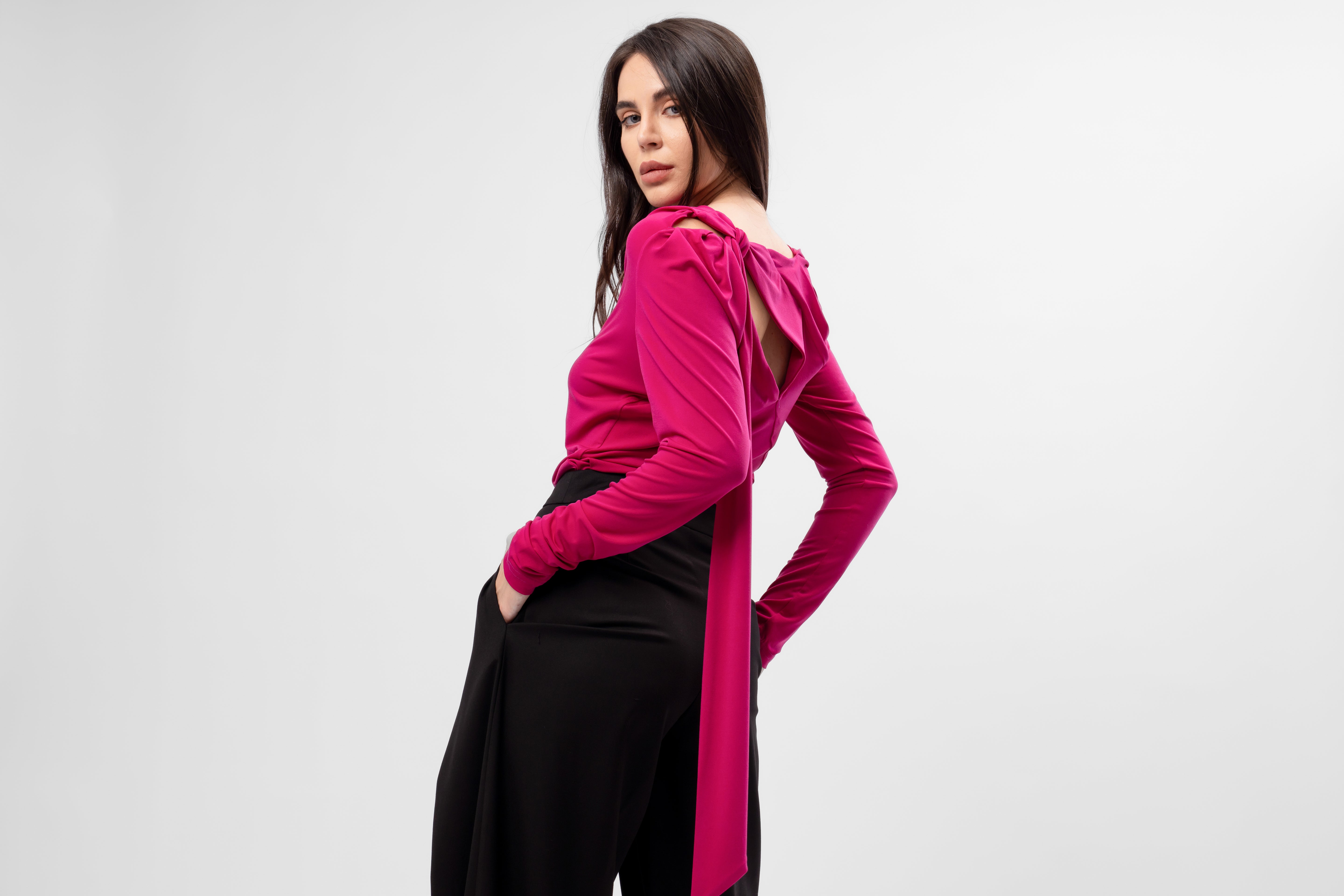 Fuchsia Jersey Top with Asymmetric Neckline