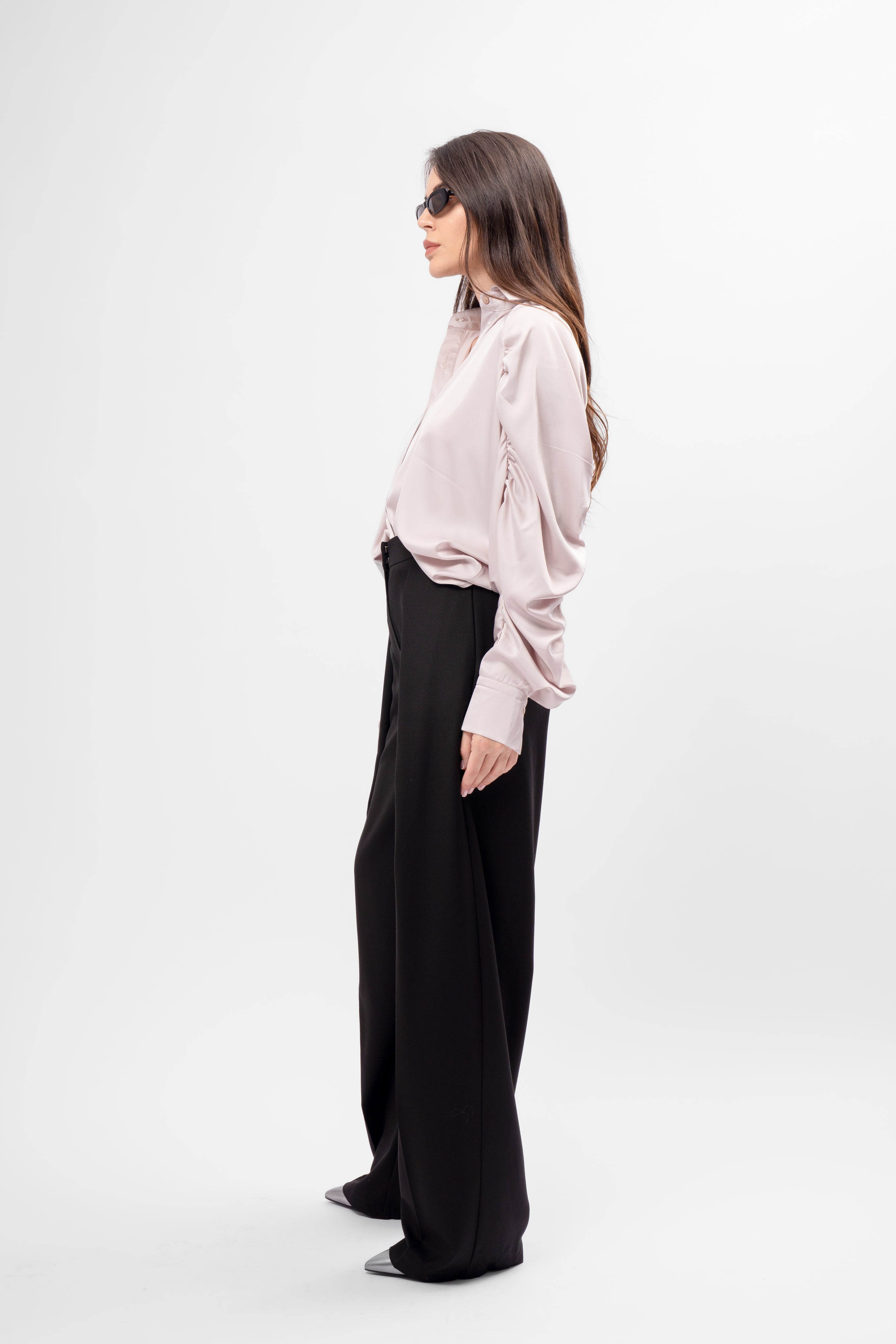 Cămașă Oversized din Material Satinat cu Mâneci Bufante