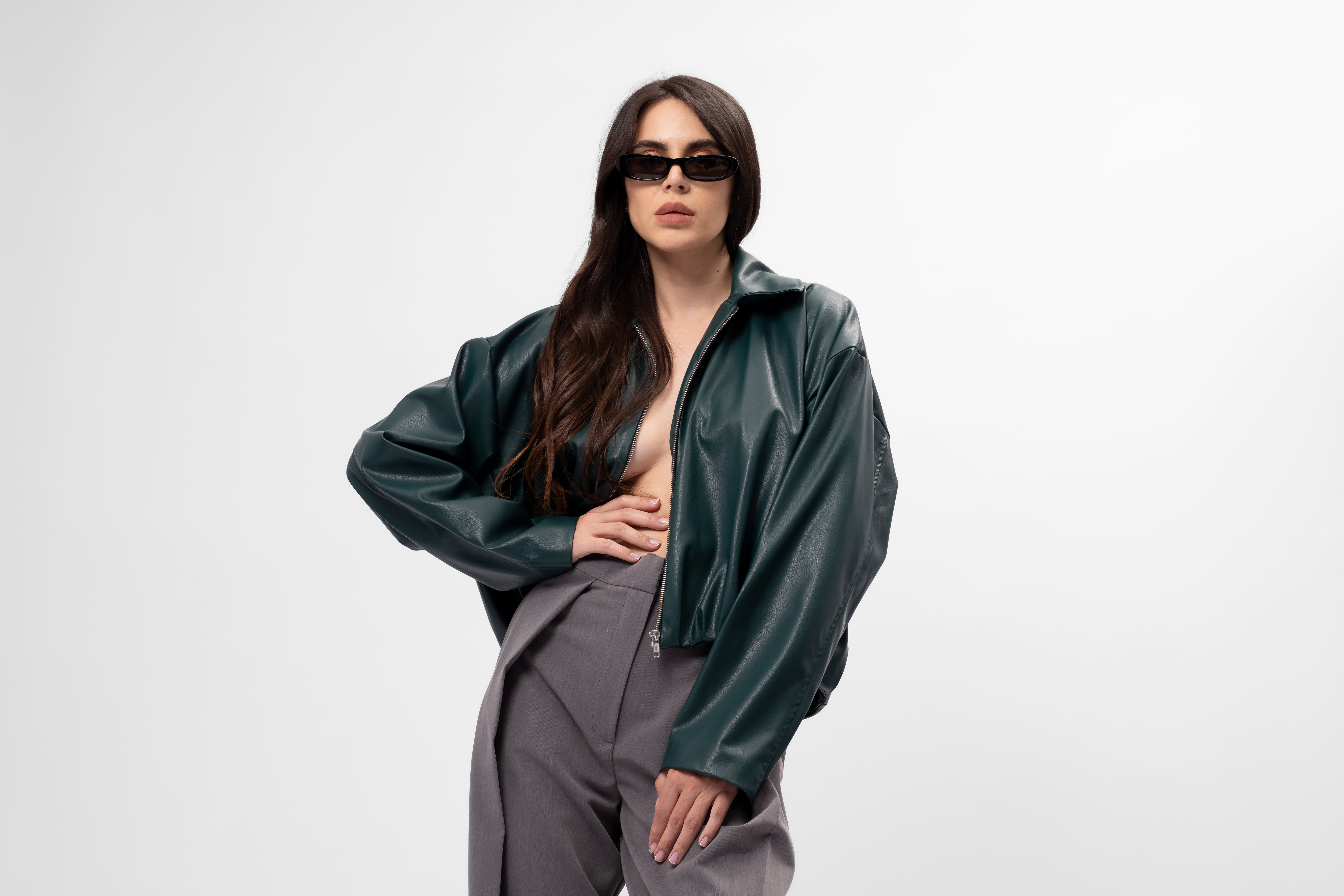 Dark green Oversized Cropped Jacket with Draping