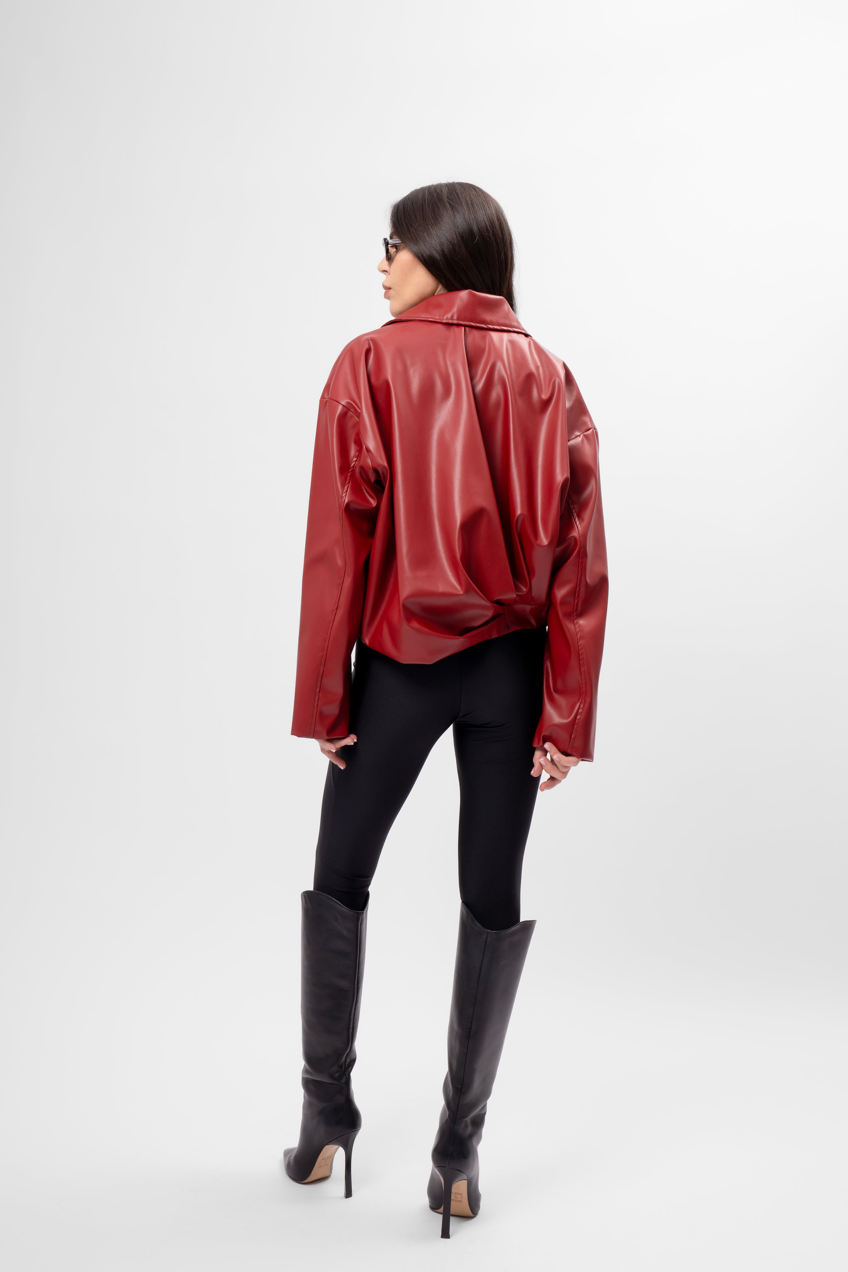 Geacă Crop Oversized cu Drapaje Culoare Burgundy