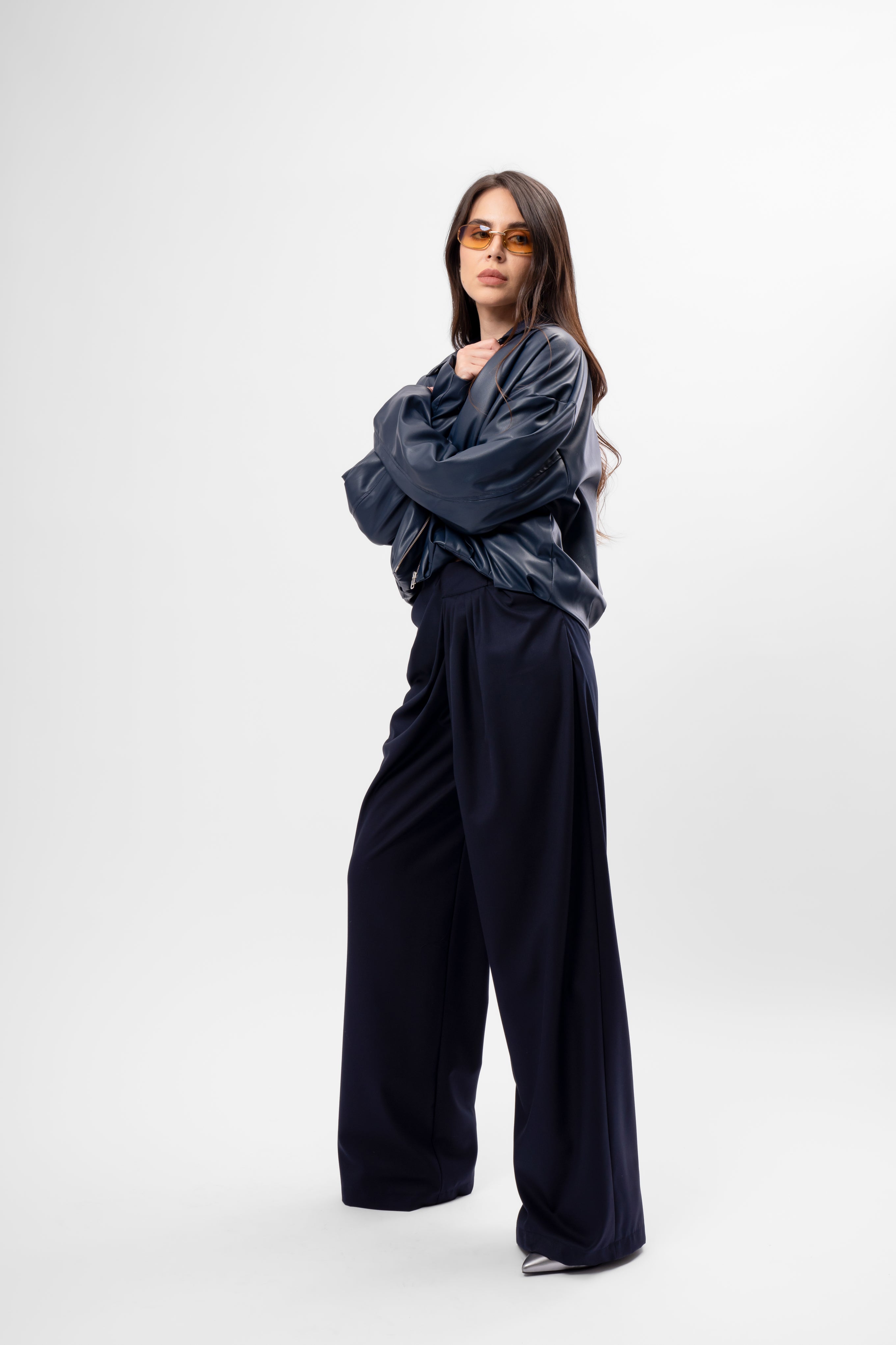Navy Trousers with Side Draping
