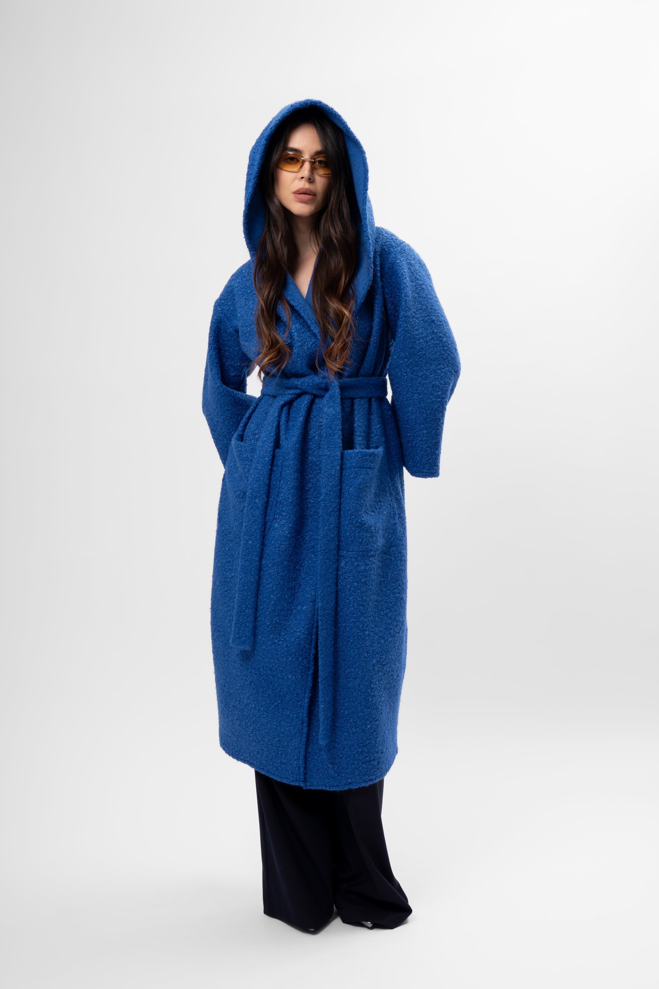 Long Textured Coat with Hood and Belt – Royal Blue