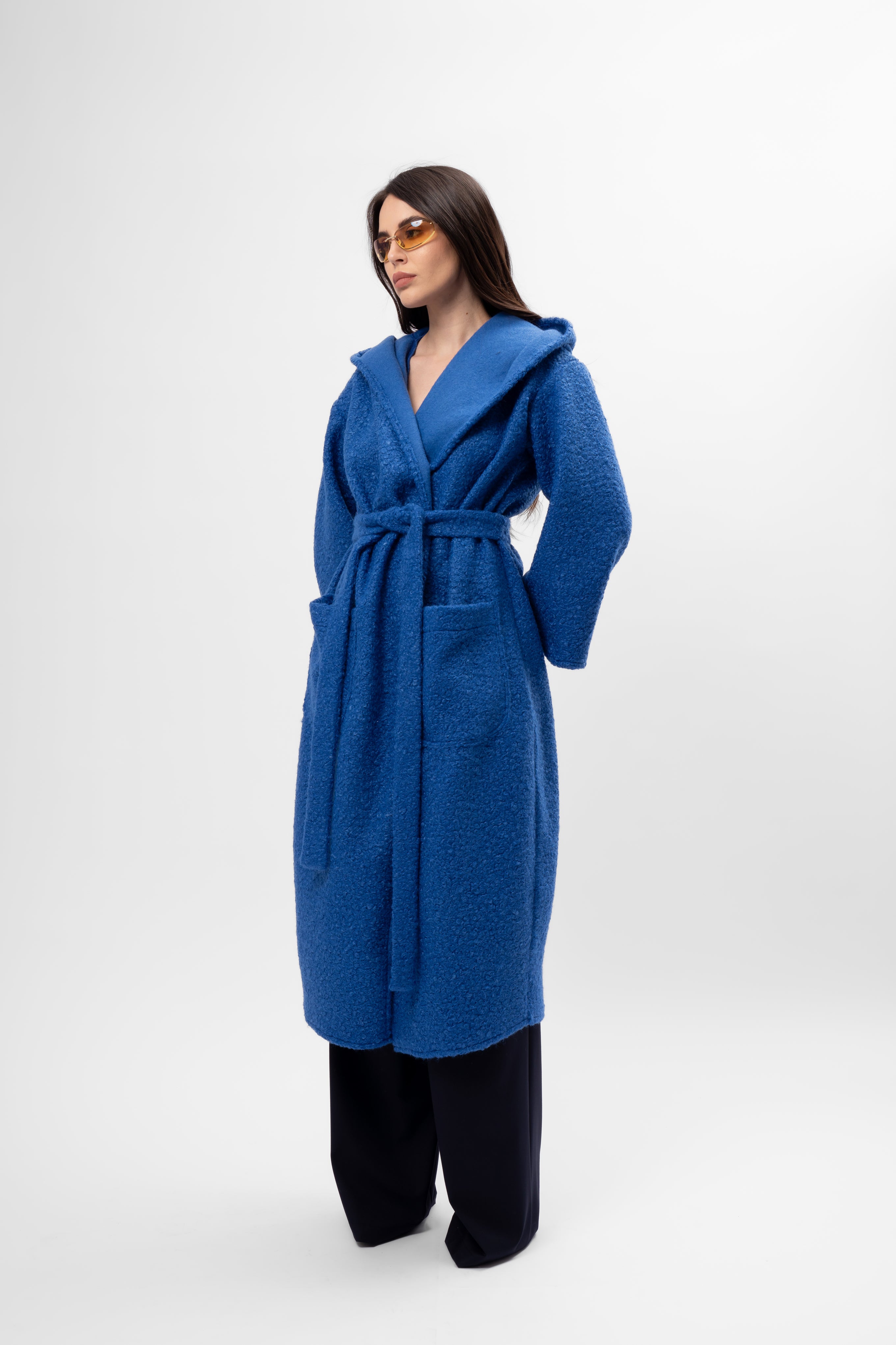 Long Textured Coat with Hood and Belt – Royal Blue