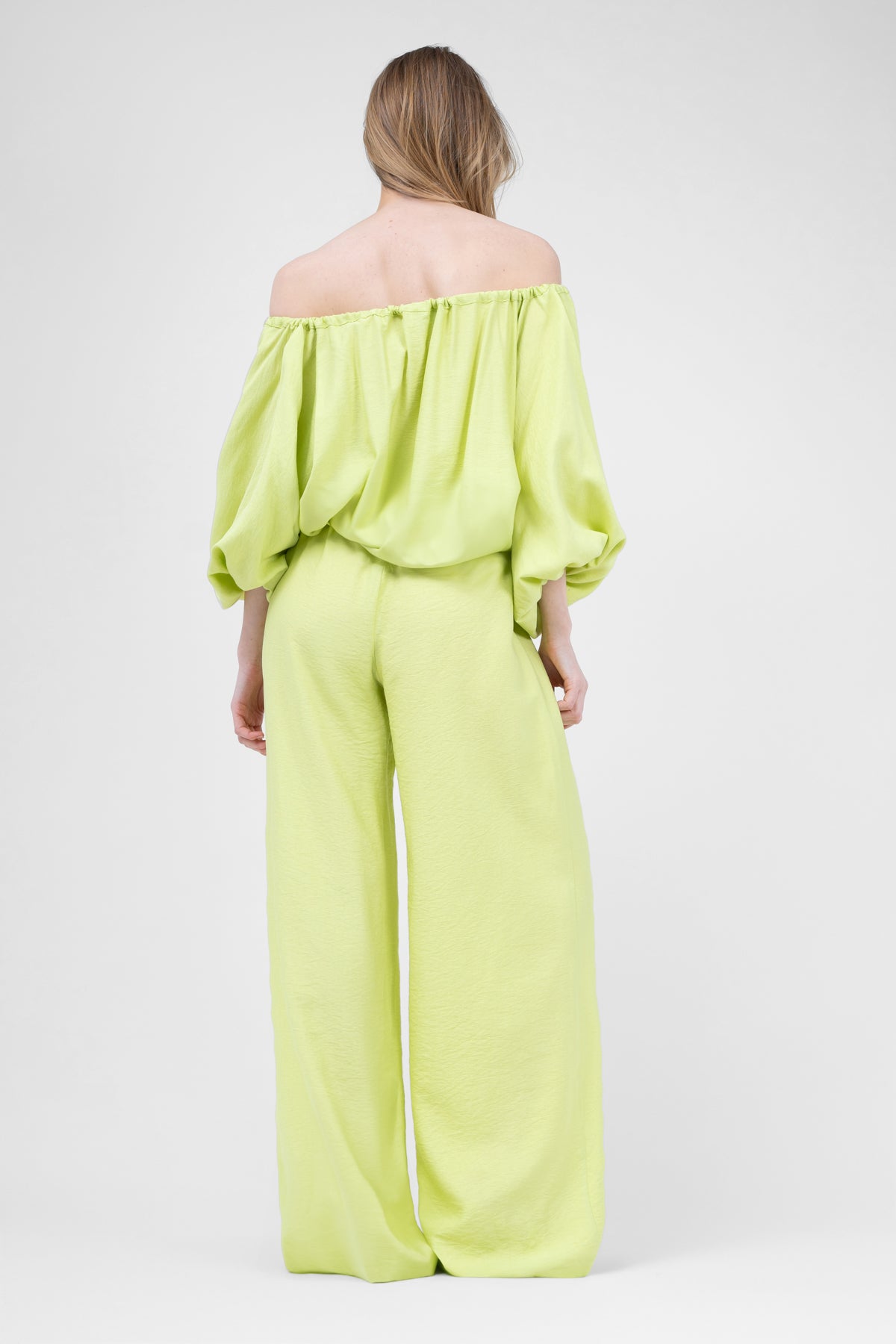 Neon Linen matching set with flowy blouse and wide leg trousers