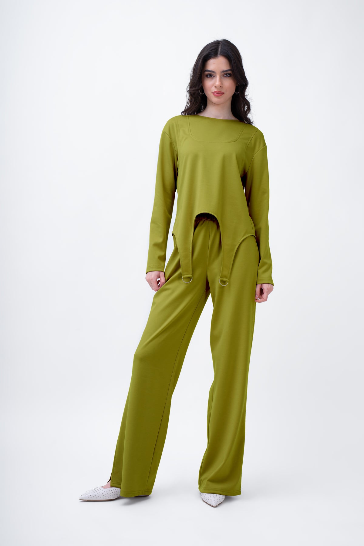Lime Set With Ring Decorative Blouse And Straight Trousers