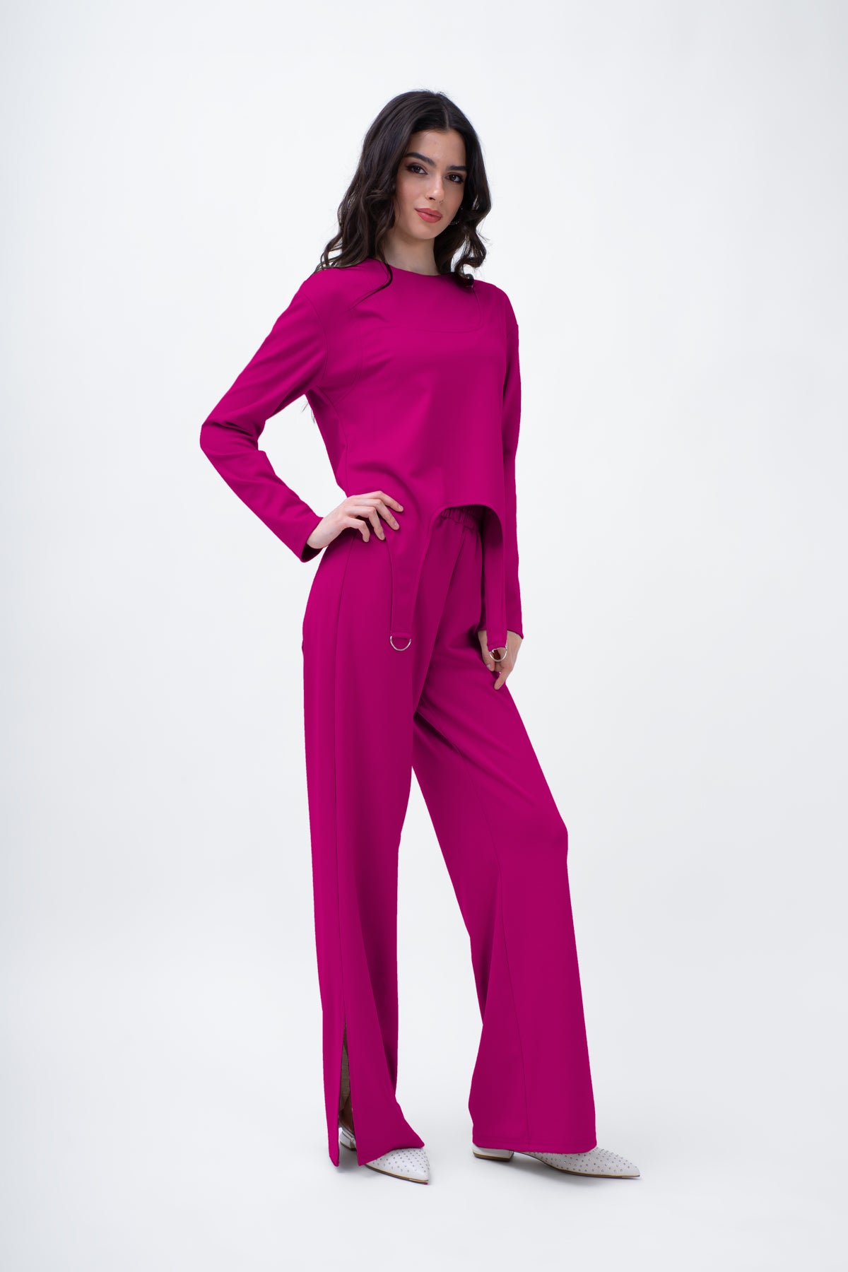 Fuchsia Set With Ring Decorative Blouse And Straight Trousers