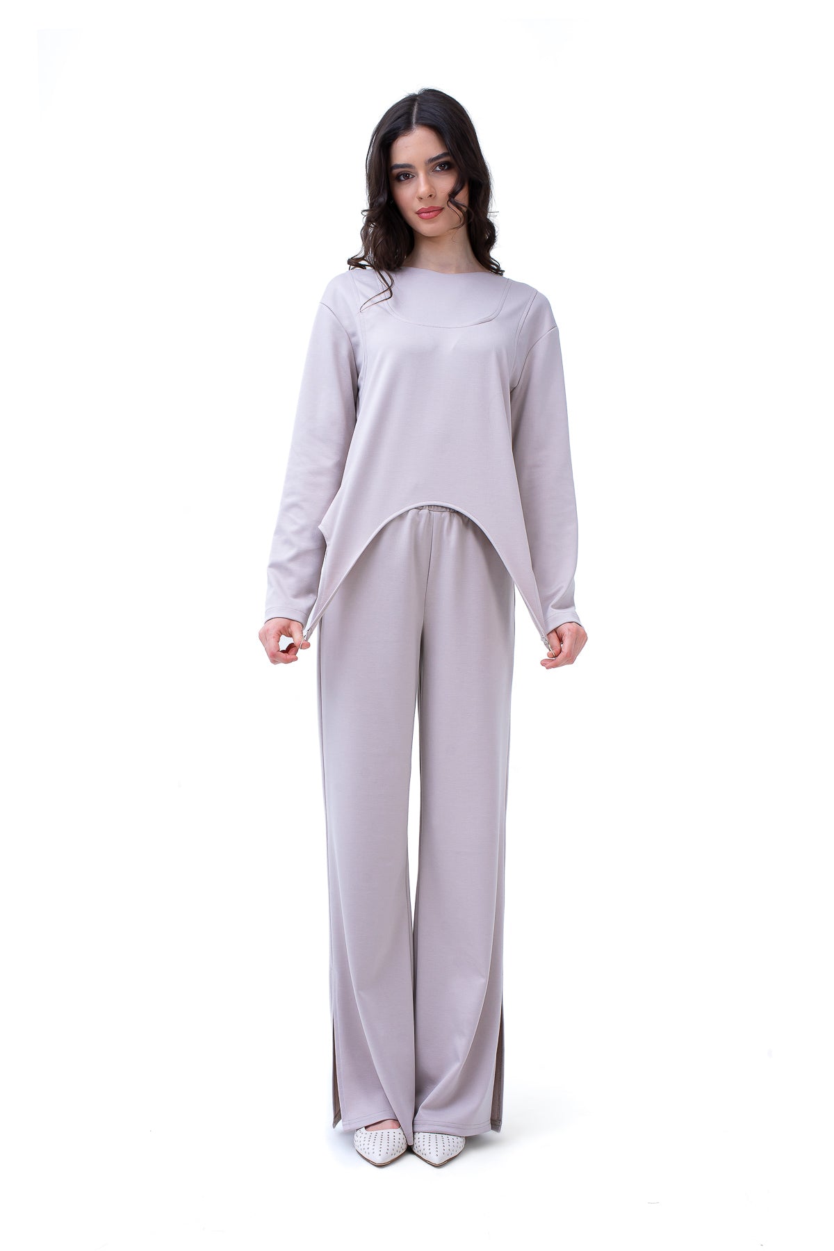 Grey Set With Ring Decorative Blouse And Straight Trousers
