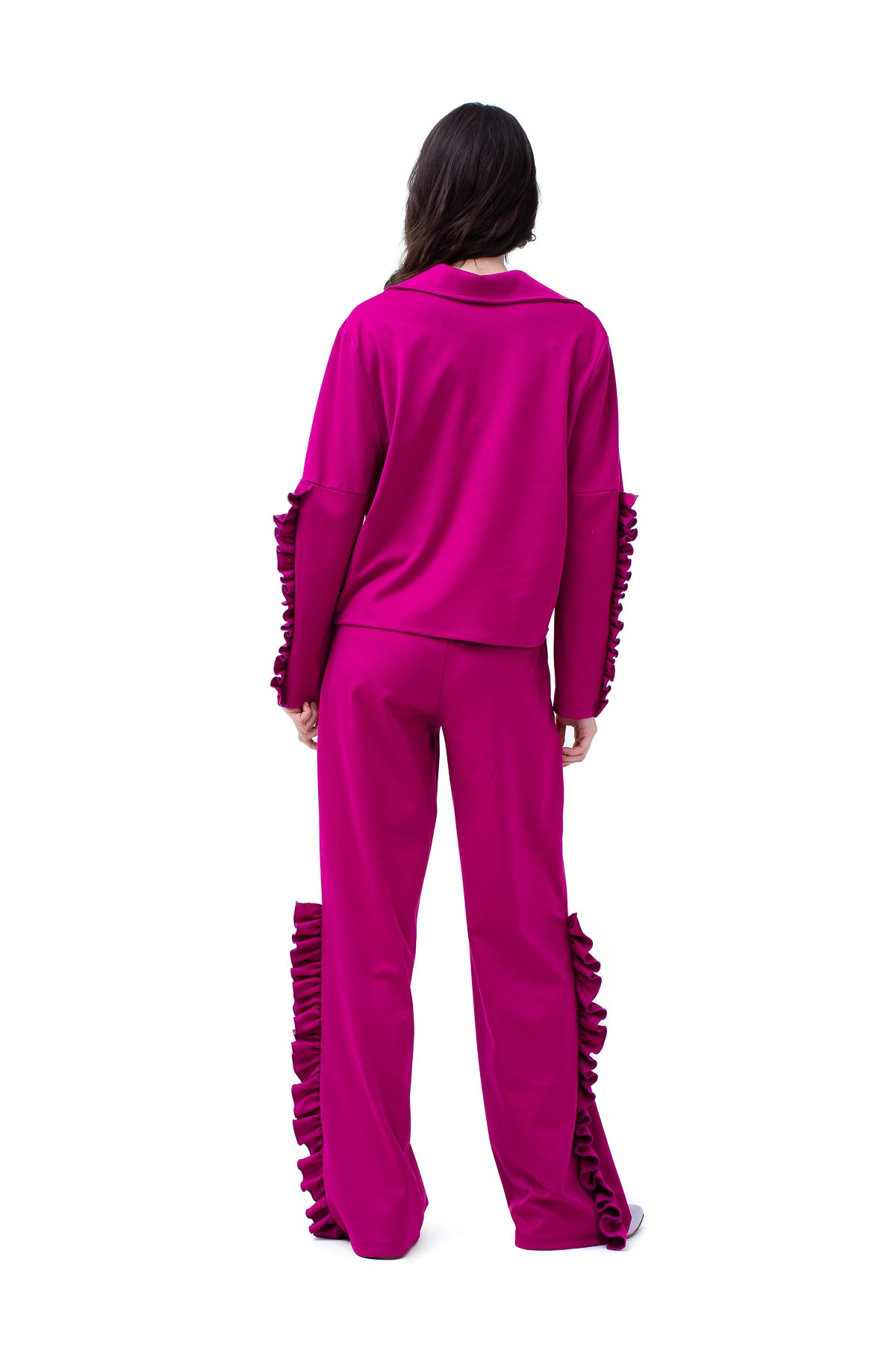 Set fuchsia cu bluza si pantaloni cu volane