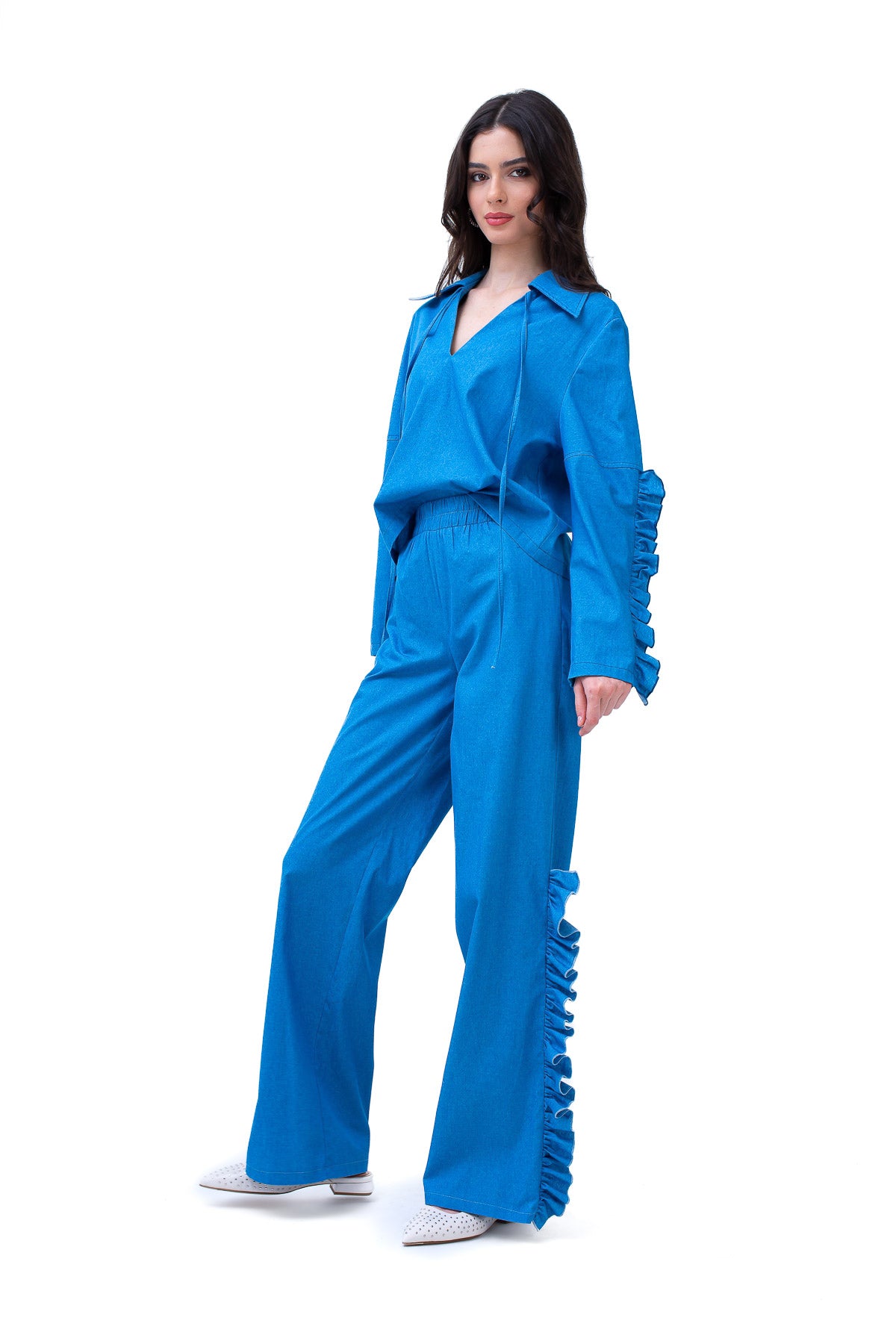 Denim Set With Blouse And Trousers With Ruffles